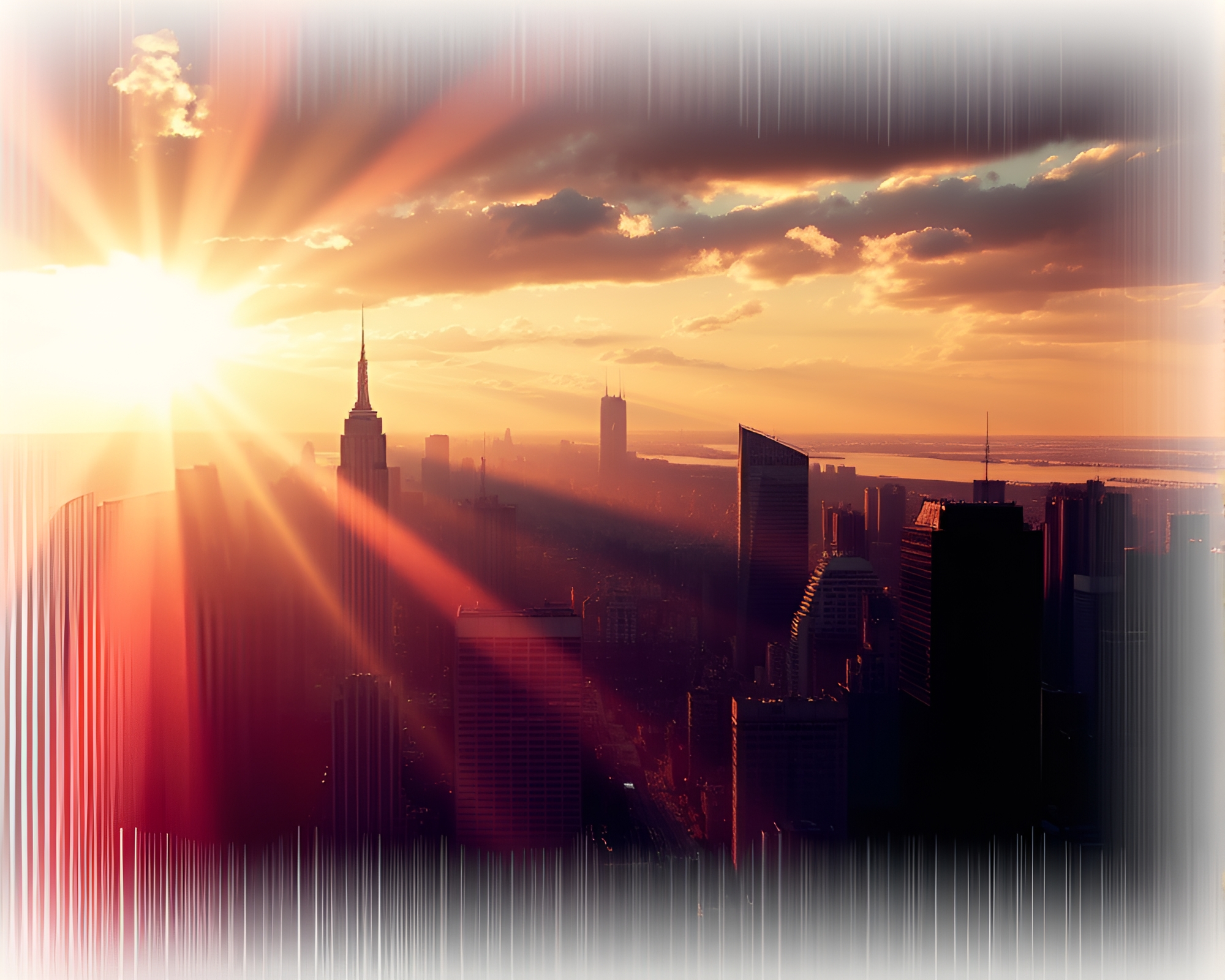 Futuristic Virtual City with Grain Overlay God Rays – free AI stock image