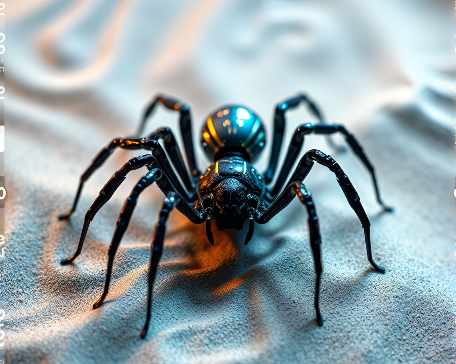 Mechanical spider with iridescent highlights on swirling sand patterns