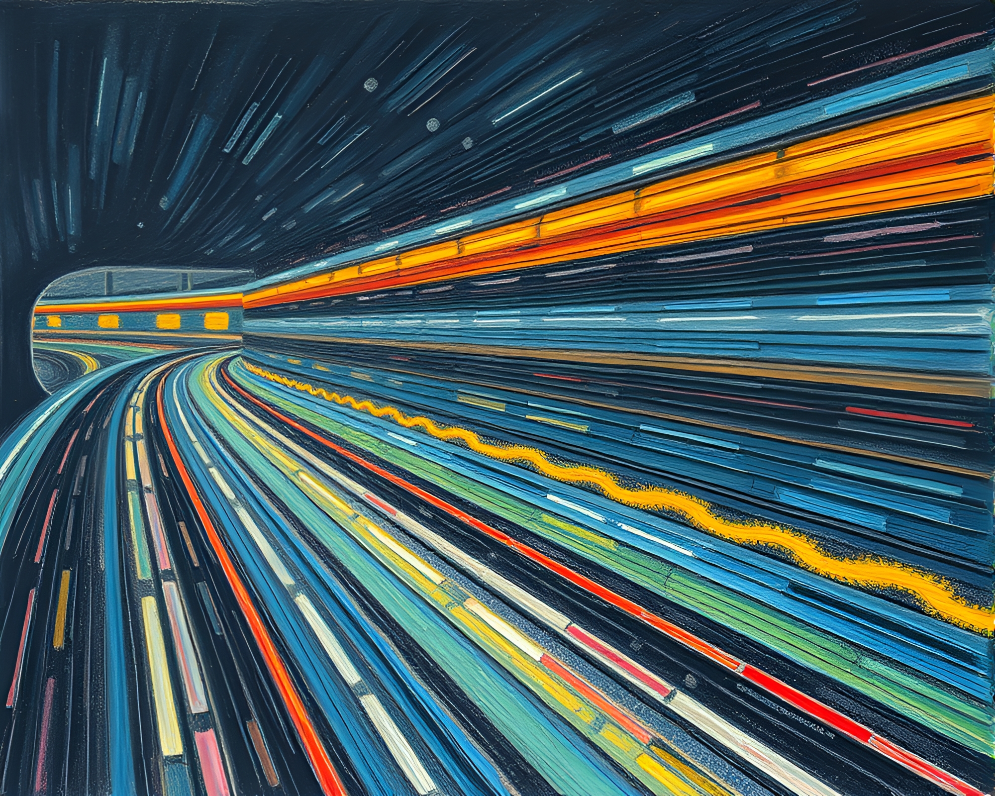 Monorail Speeding Through Oil Impasto Ridges – free AI stock image