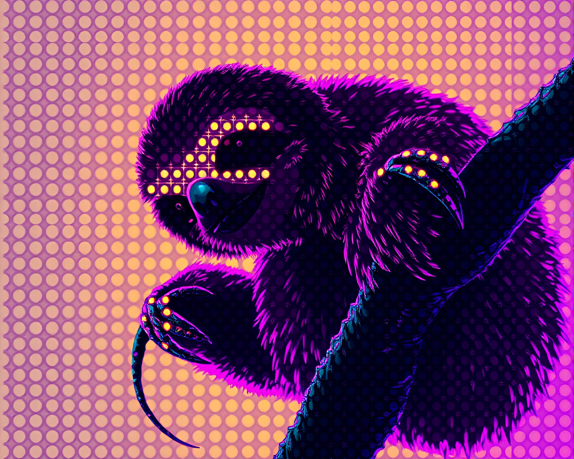 Ultraviolet LED pixel grid sloth in earth tones – free AI stock image