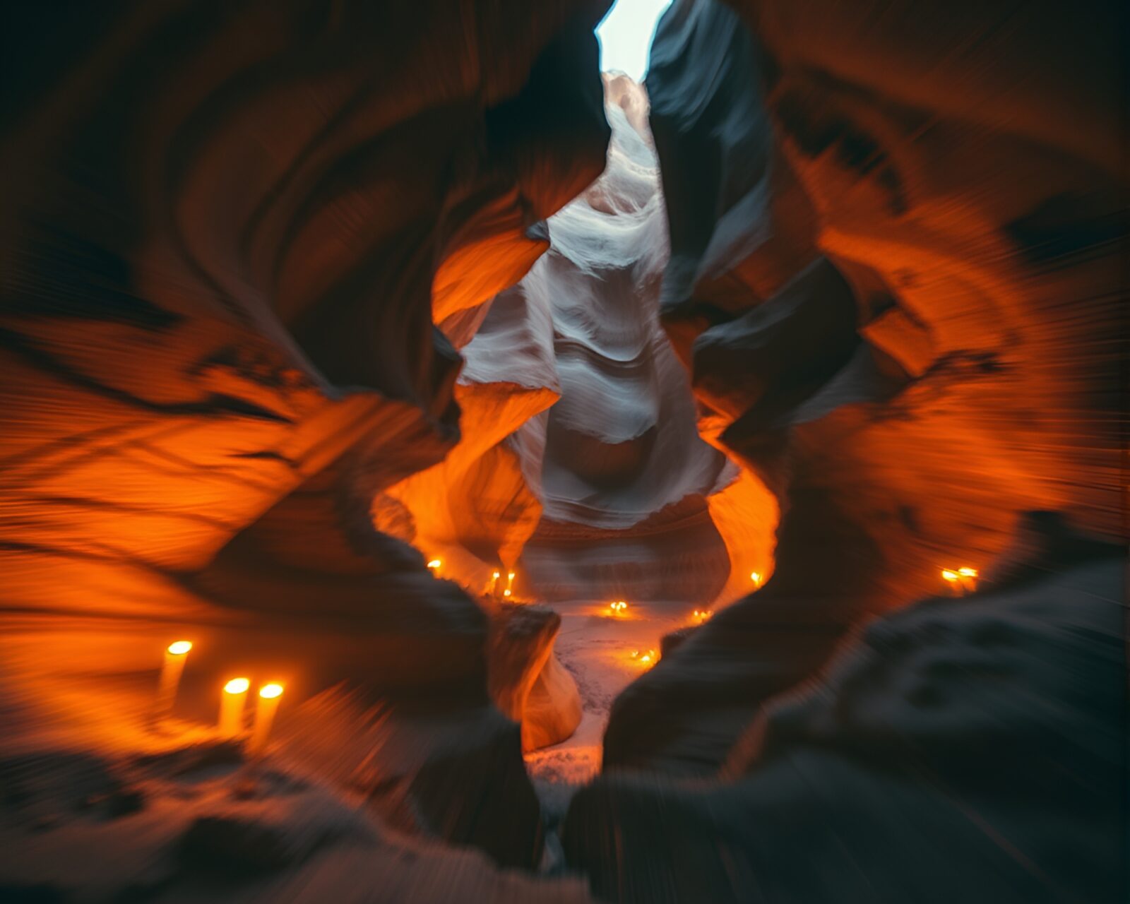 A mystical book surrounded by flickering candlelight in a rusty canyon