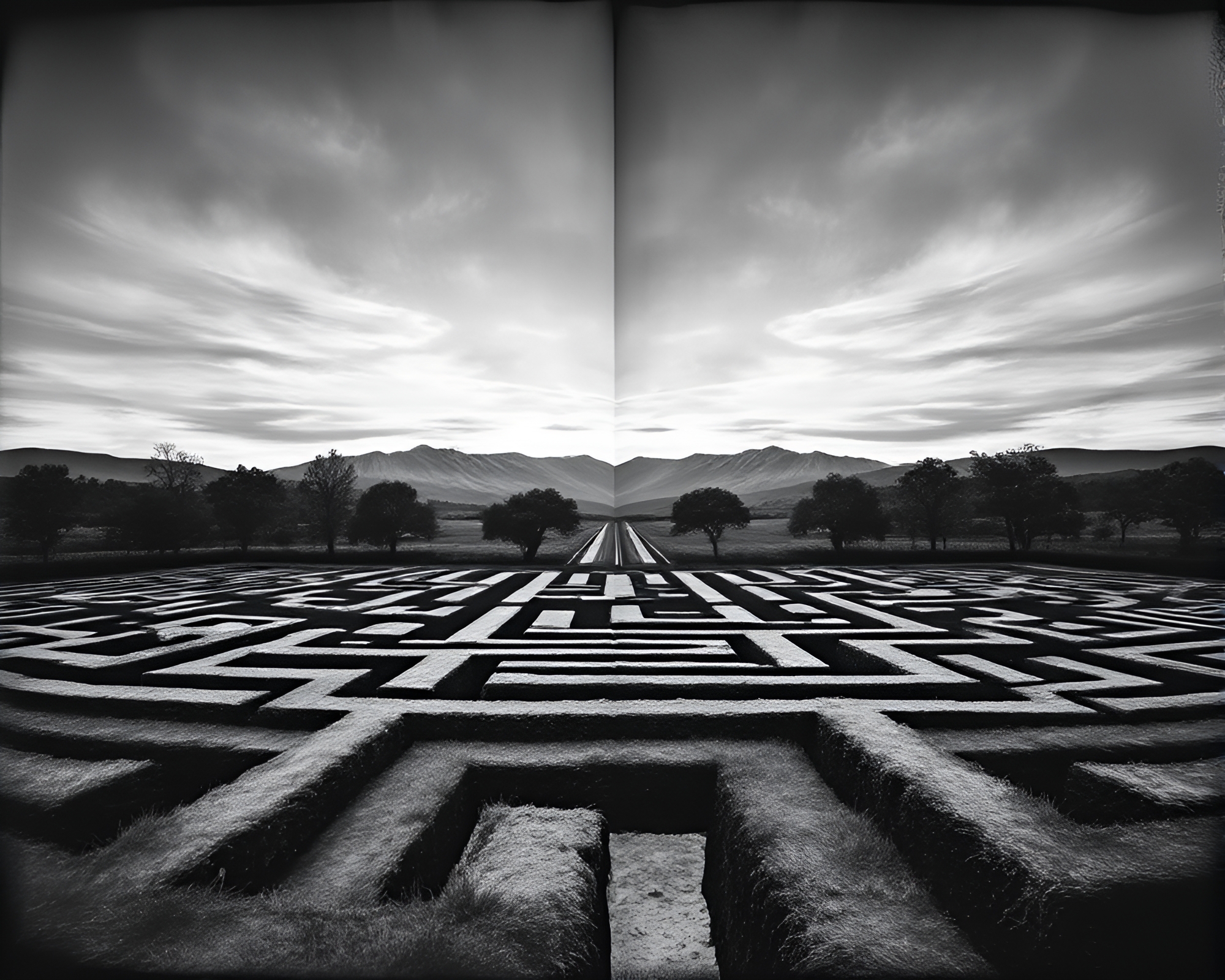 Mirrored Maze: Landscape Etching with Split Toning – free AI stock image