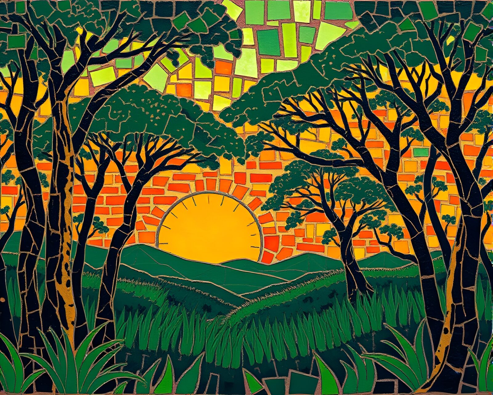 Woodcut print of a savanna sunset seen through broken mosaic