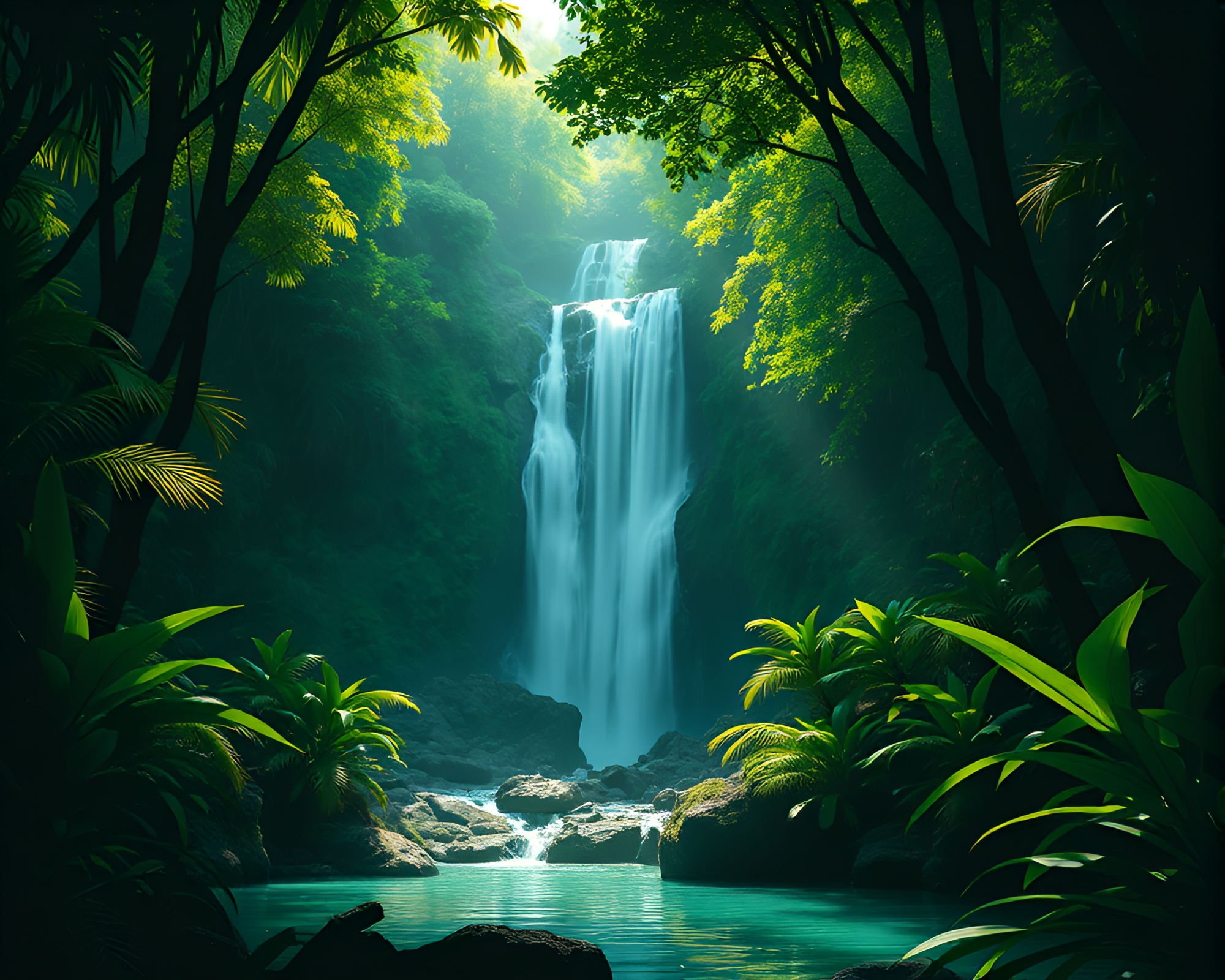 Majestic Tropical Waterfall Silhouette Illustration – free AI stock image