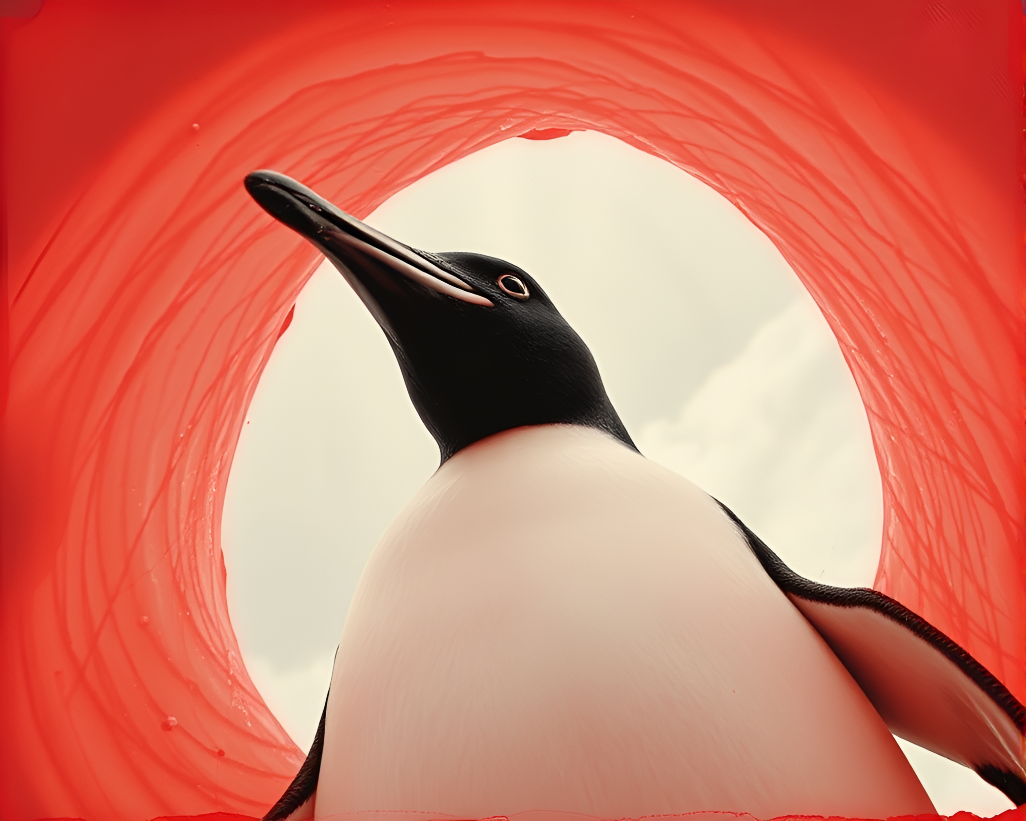Encaustic Penguin Under Crimson Sky – free AI stock image