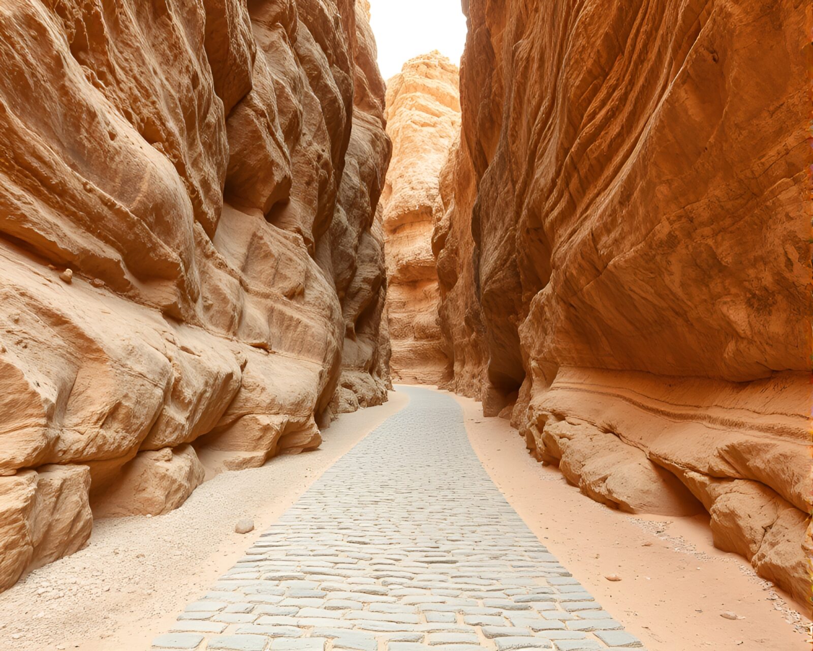 Desert canyon with crosshatch shadows and cobblestone walkway