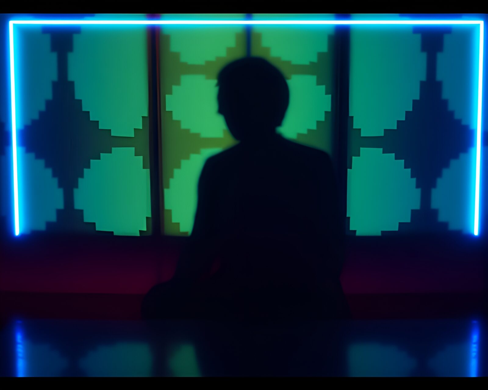 Vibrant neon fractal pattern casting shadow in voxel art