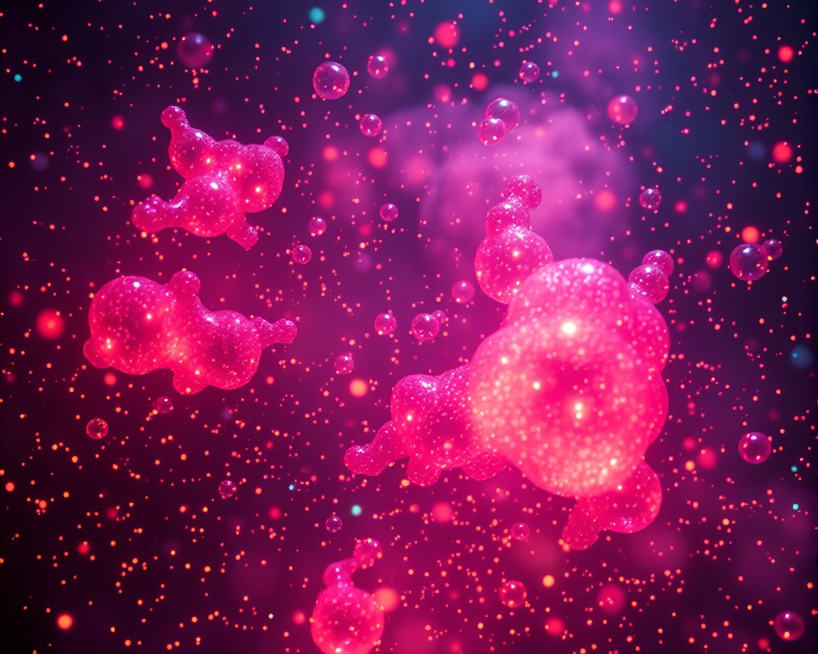Glowing bubbles surrounding a small dwarf figure in space
