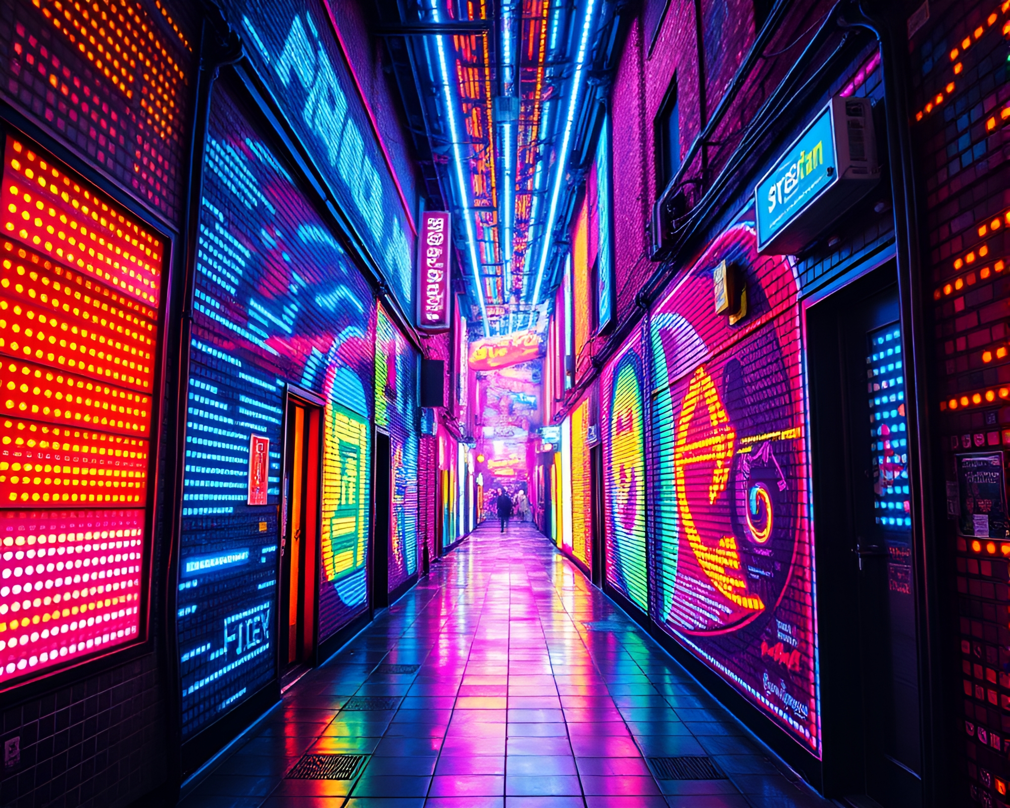 Neon Cyber Alley: Urban Mural LED Pixel Art – free AI stock image