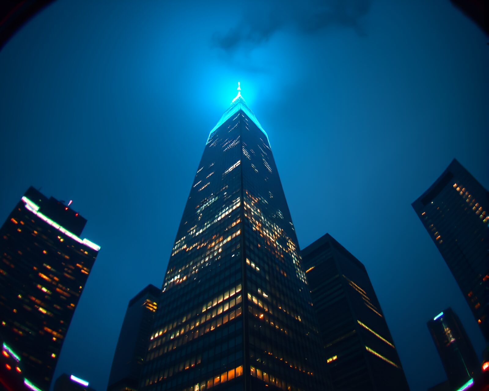 Surreal fisheye skyscraper scene bathed in ice-blue candlelight