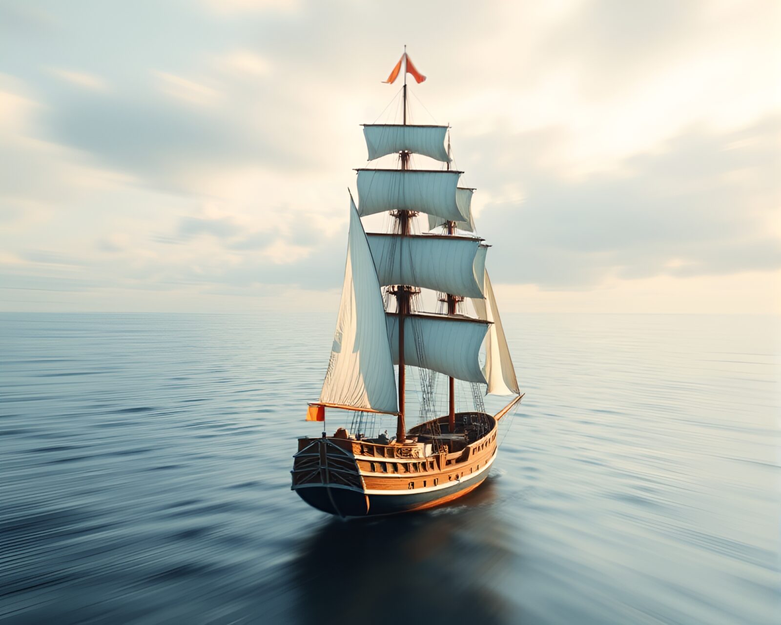 Classic sailing ship in blurred motion on ocean waves