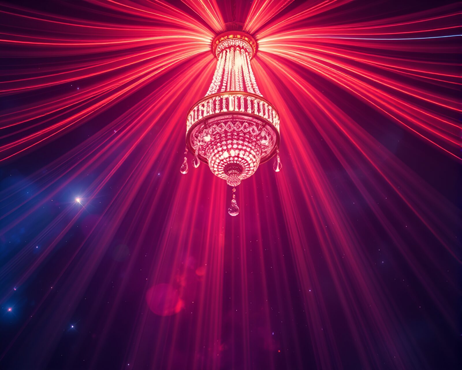 Vibrant neon chandelier with cosmic nebula hues and light trails