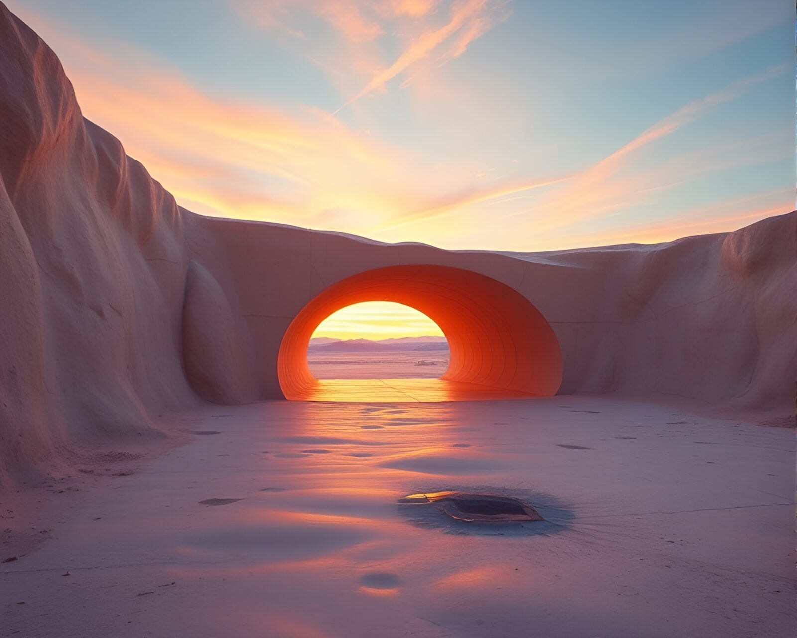 Vivid pastel sky glowing through bunker entryway with fluid design