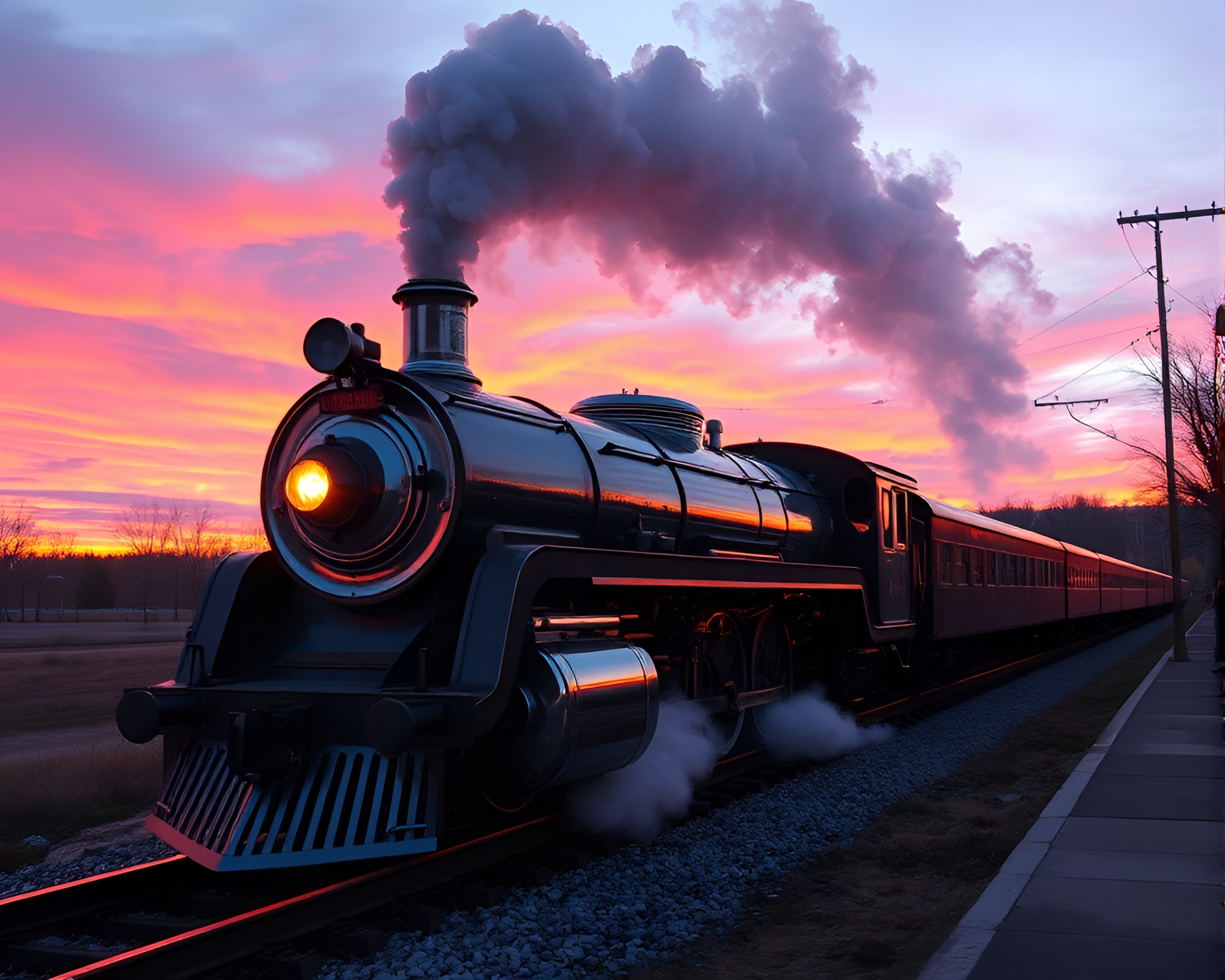 Surrealist Steam Locomotive Reflecting Chrome Sunset – free AI stock image