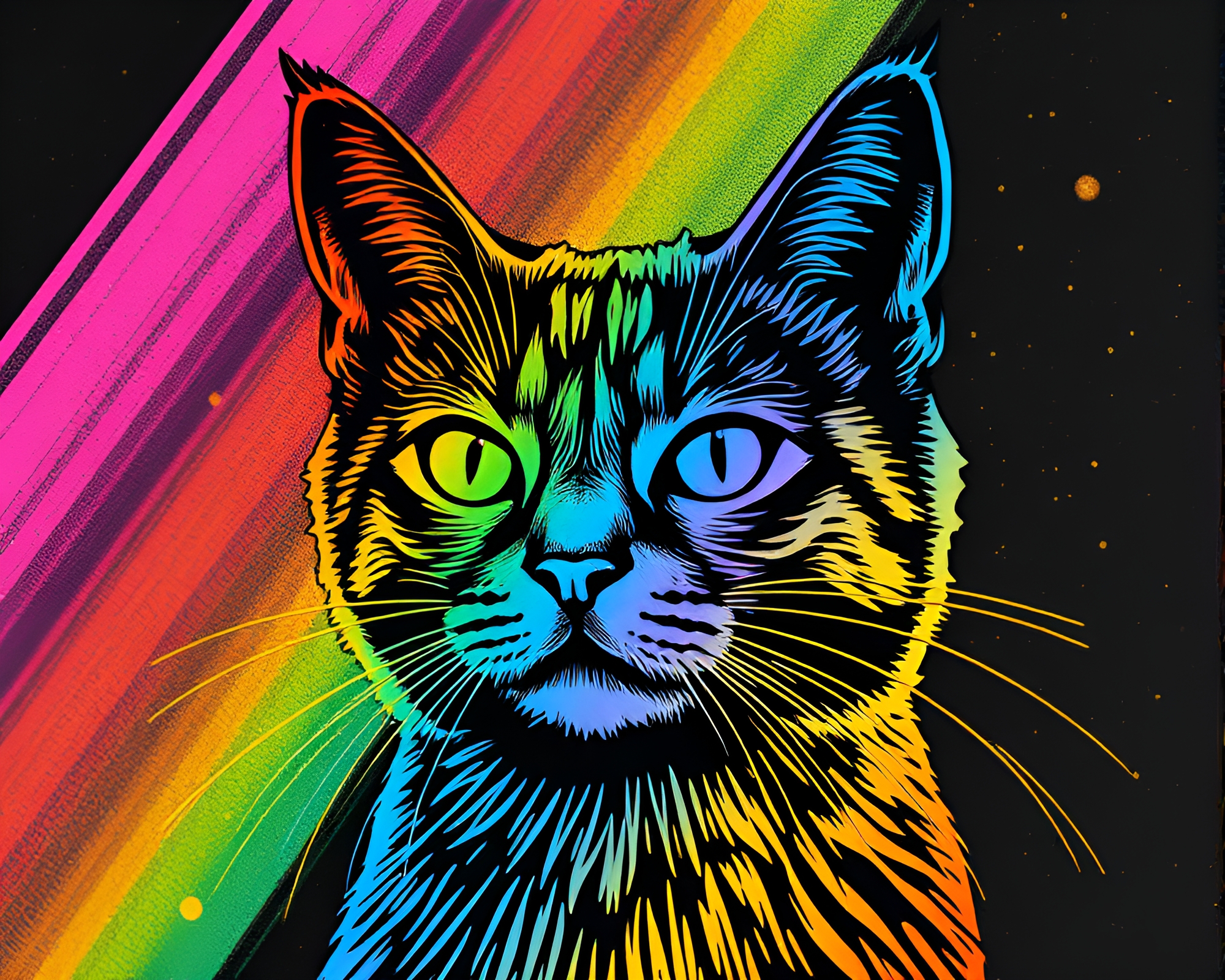 Neon Cosmic Schrodinger’s Cat Linocut Textures Artwork – free AI stock image