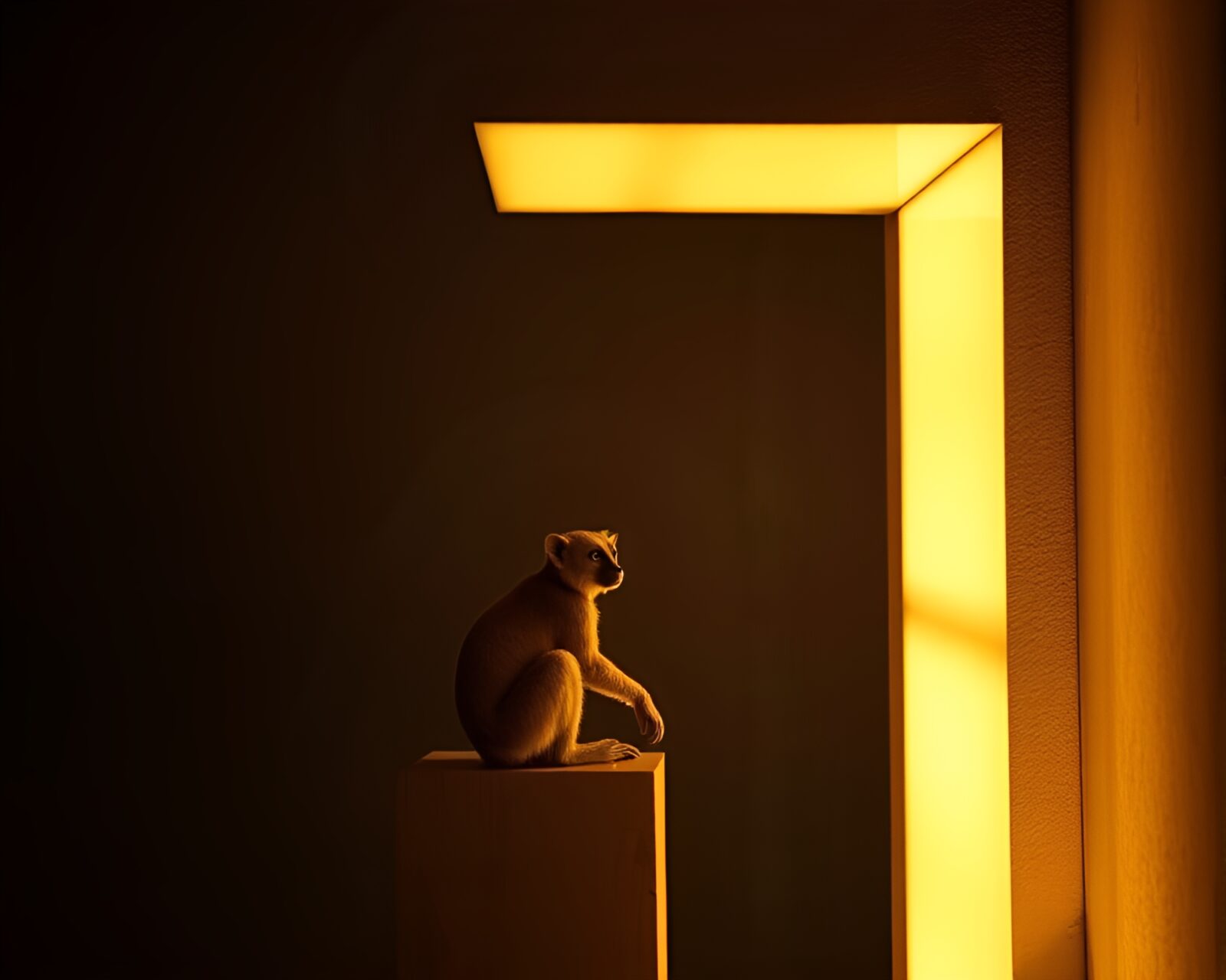 Glowing art installation featuring curious lemur under soft shadows