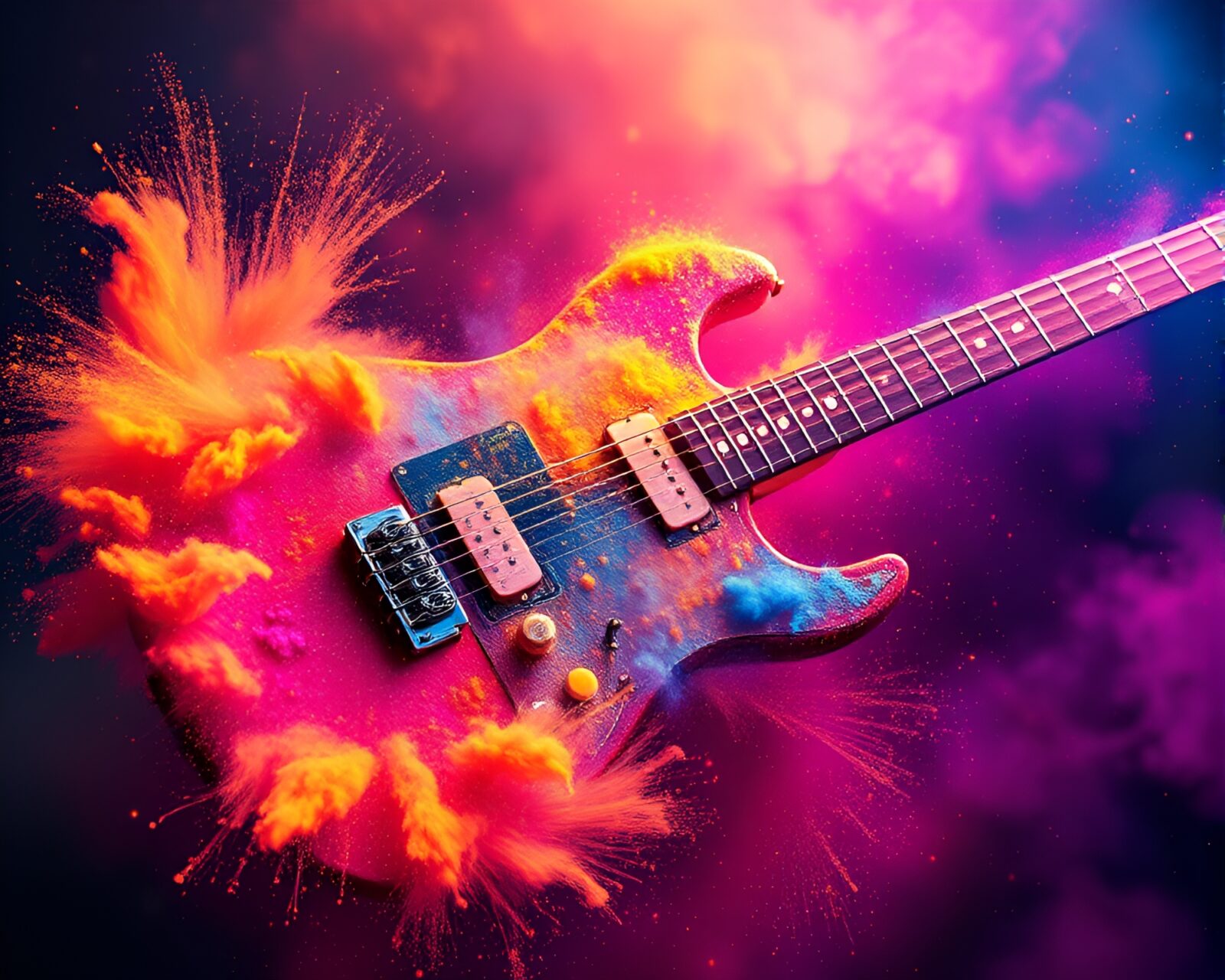 Electric guitar player in vibrant data visualization setting