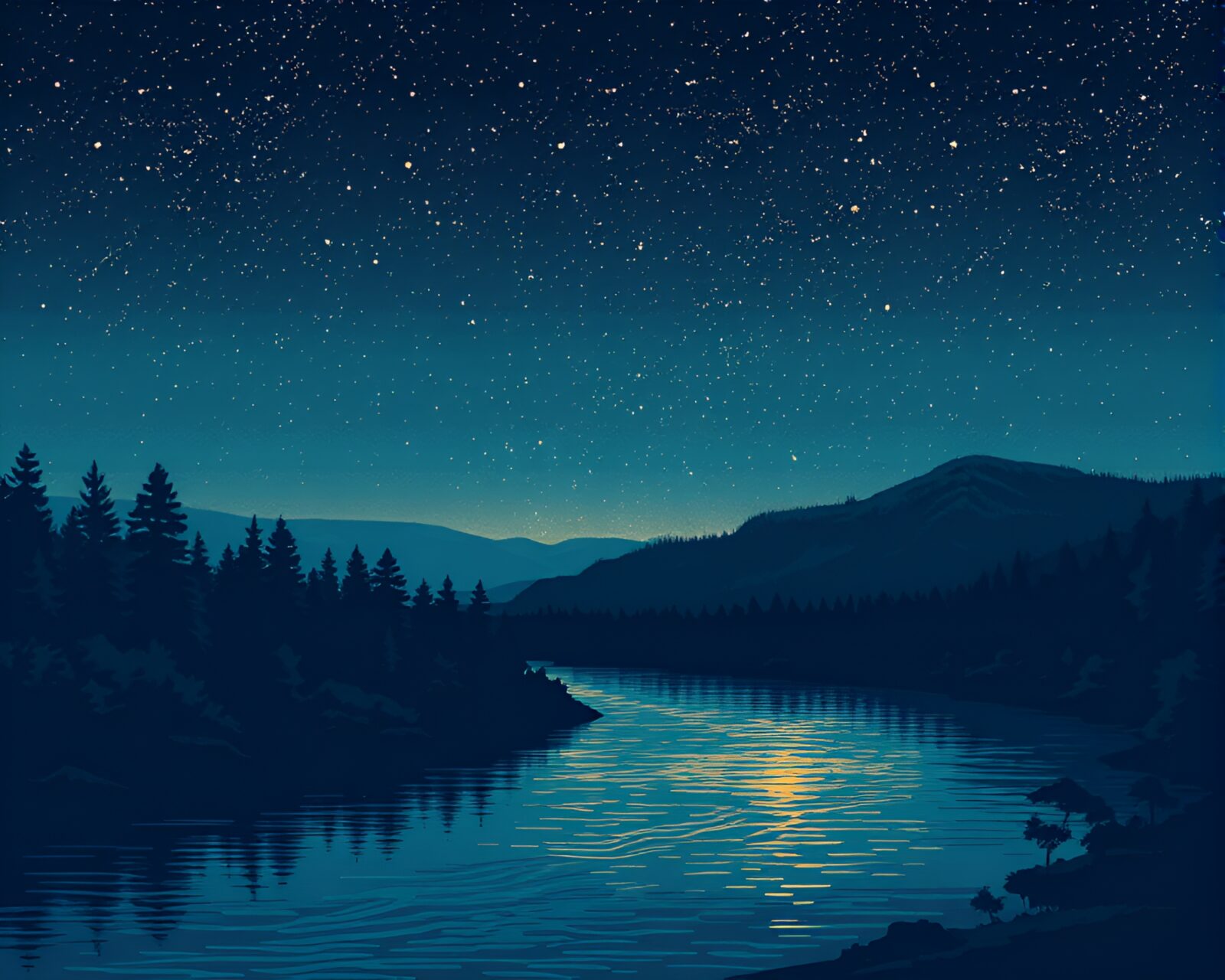 Moody night scene with river and pixelated style