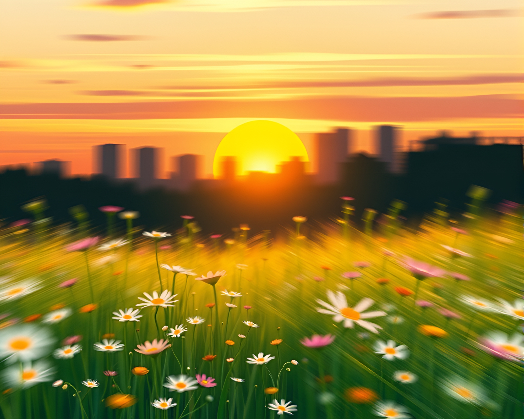 Sunset silhouette on floral meadow with motion blur – free AI stock image