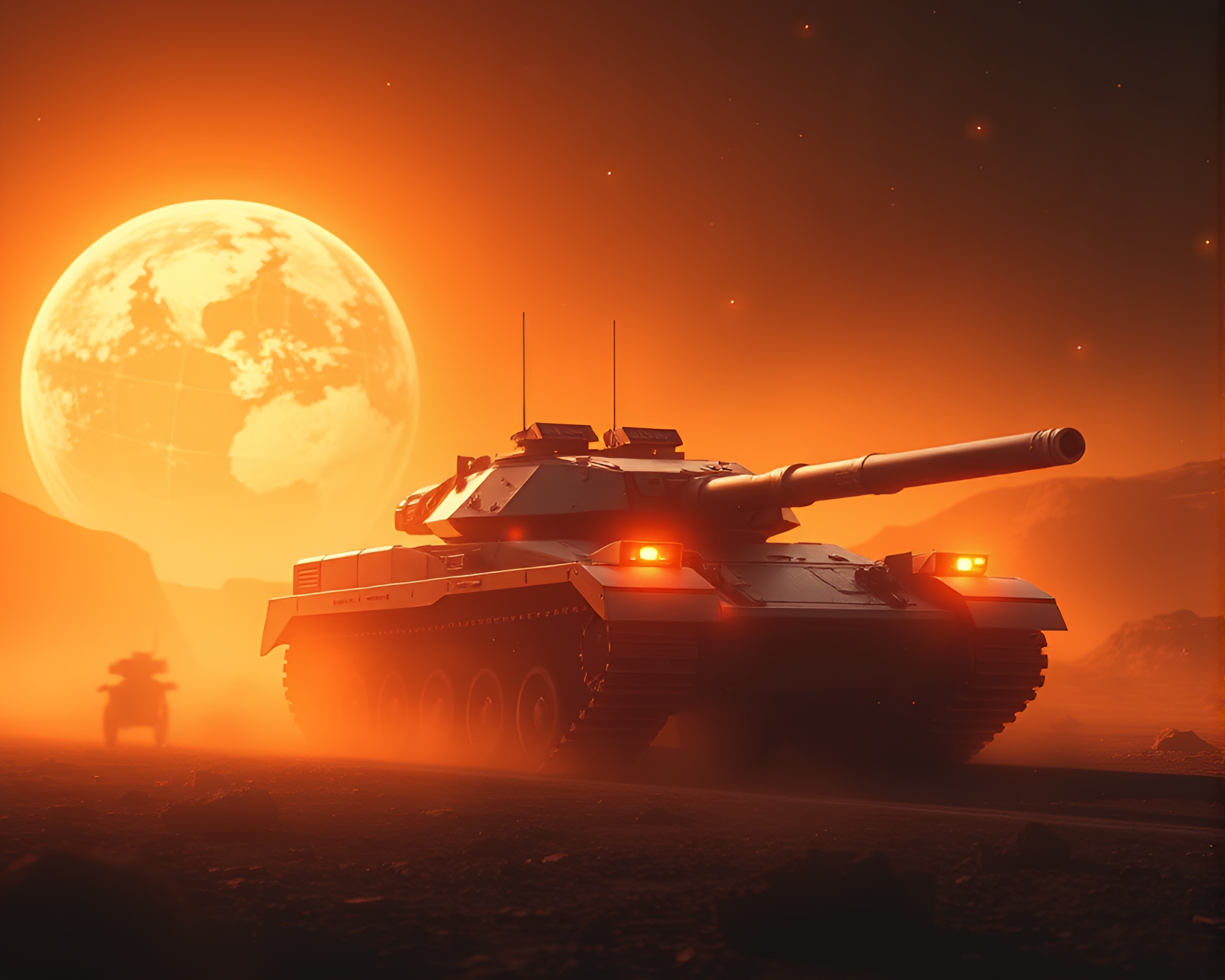 Armored tank in morning golden light with HUD overlay – free AI stock image