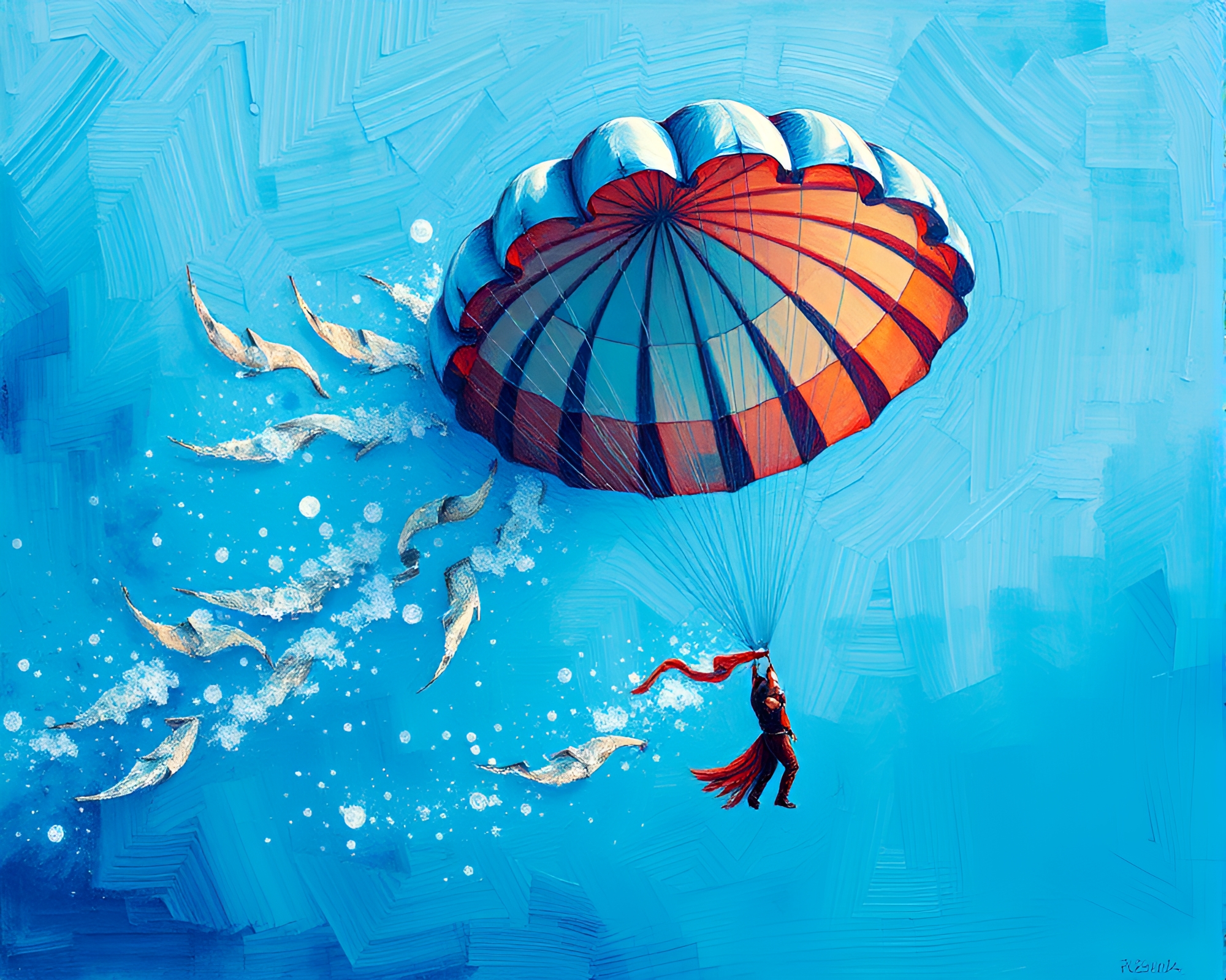 Feather-dusted Parachute Jumper in Ocean Blue Pointillism – free AI stock image