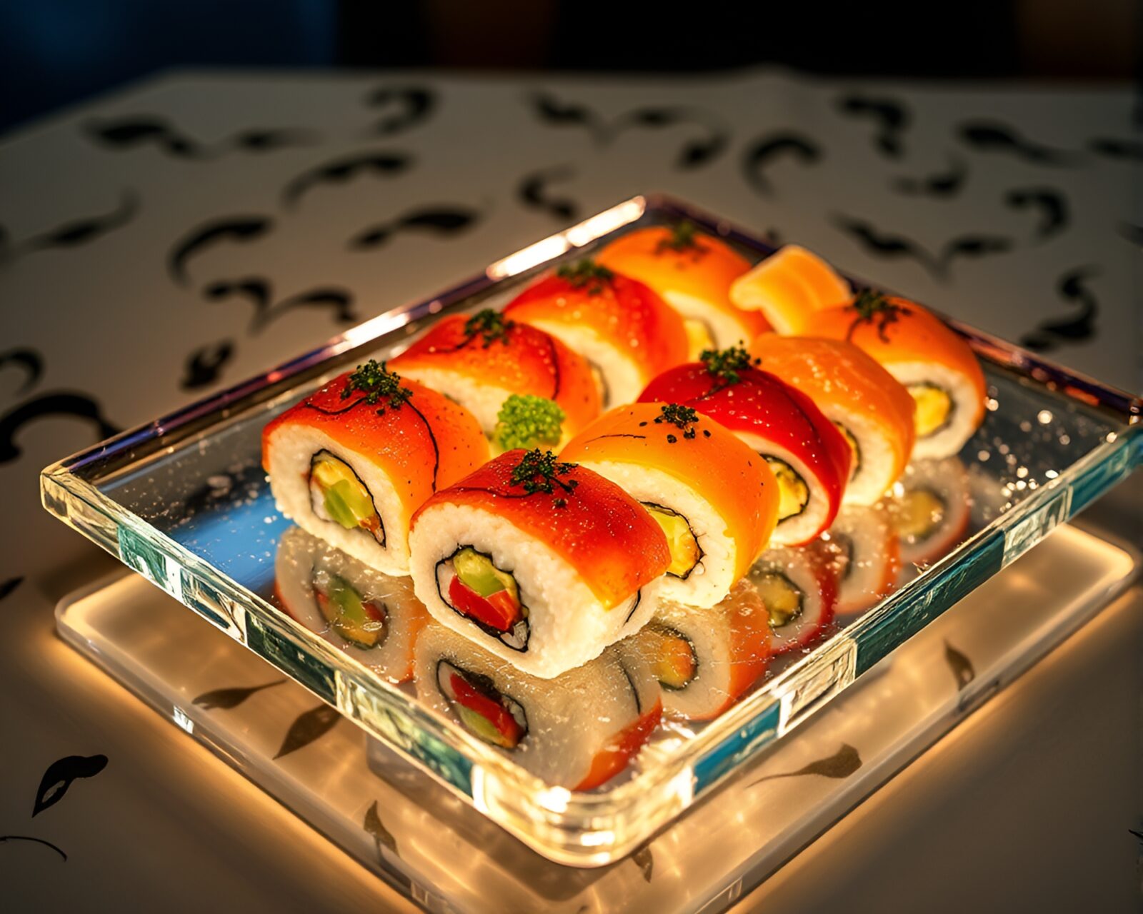 Artistic rendering of sushi on a glass platter under mosaic light