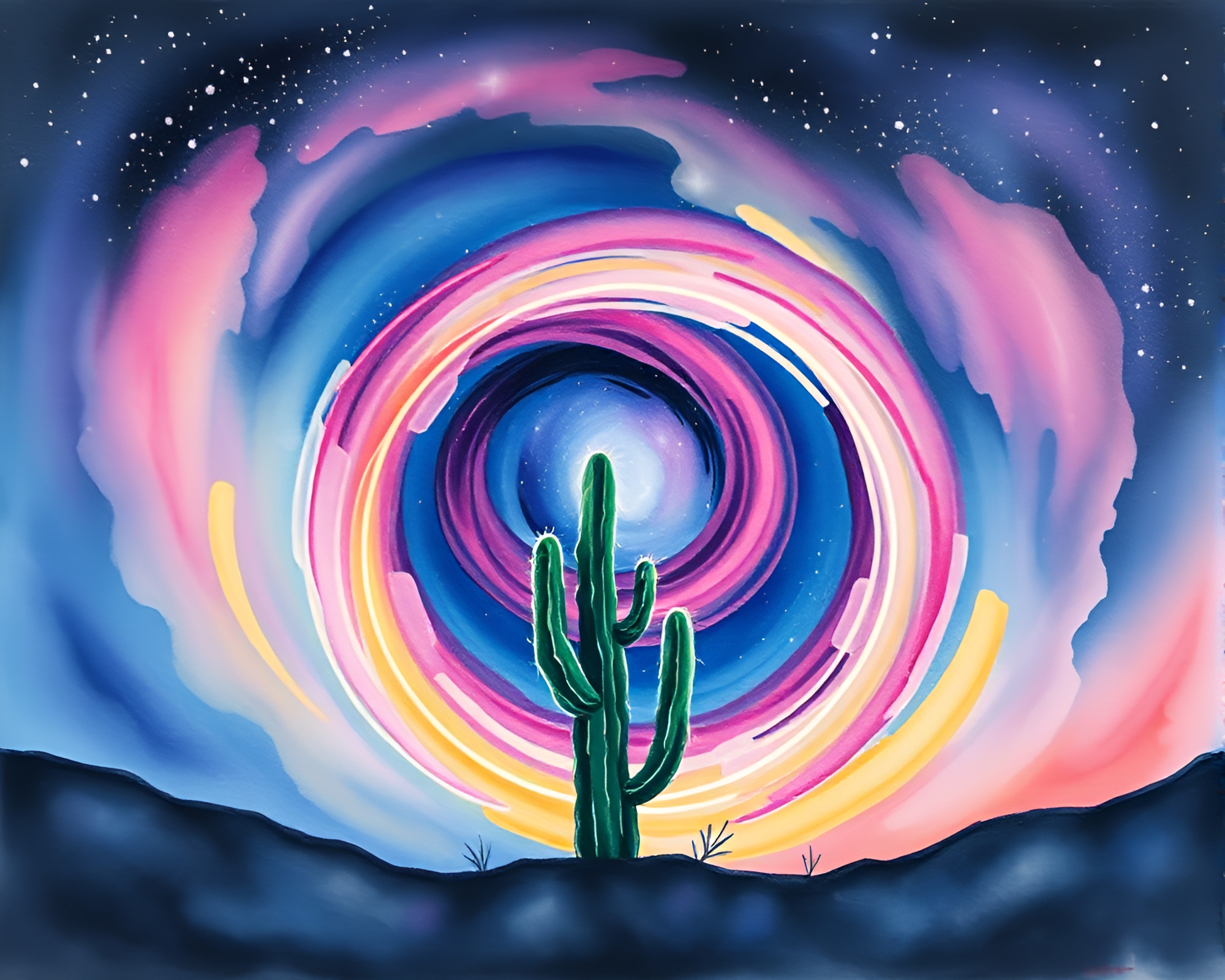 Neon Cactus Amidst Smoky Milky Way Watercolors – free AI stock image