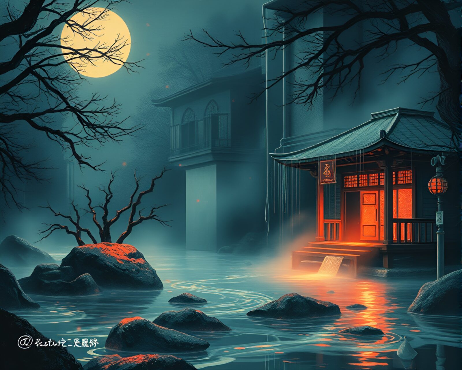 A mystical hot spring scene with glowing sorcery aura
