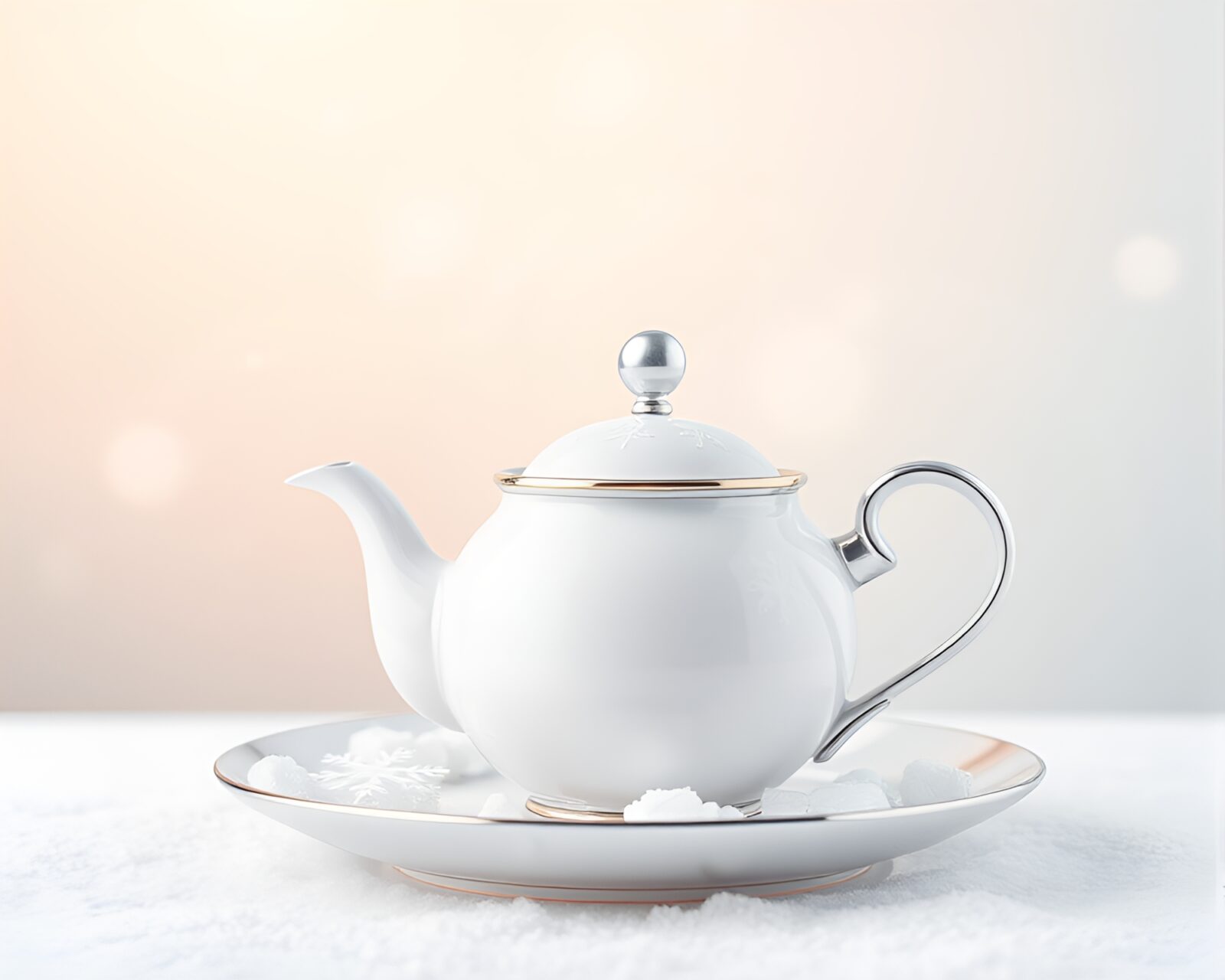 Whimsical tea set surrounded by delicate snowflakes under pastel sky