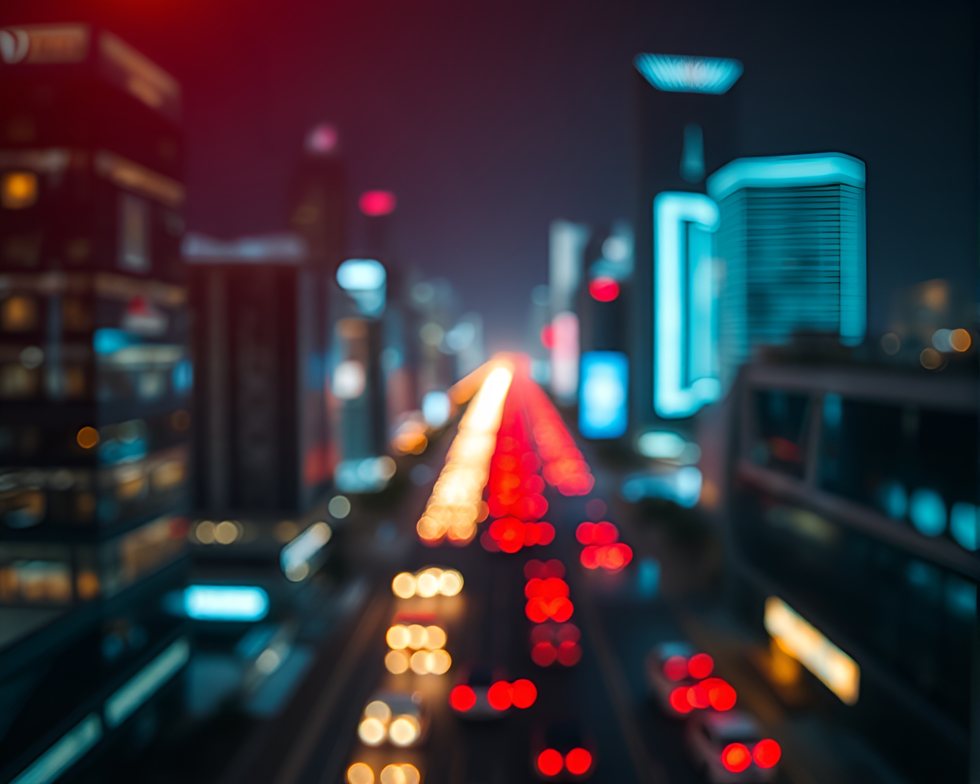 Retro Wave Cityscape: Bokeh Dystopian Night Lights – free AI stock image