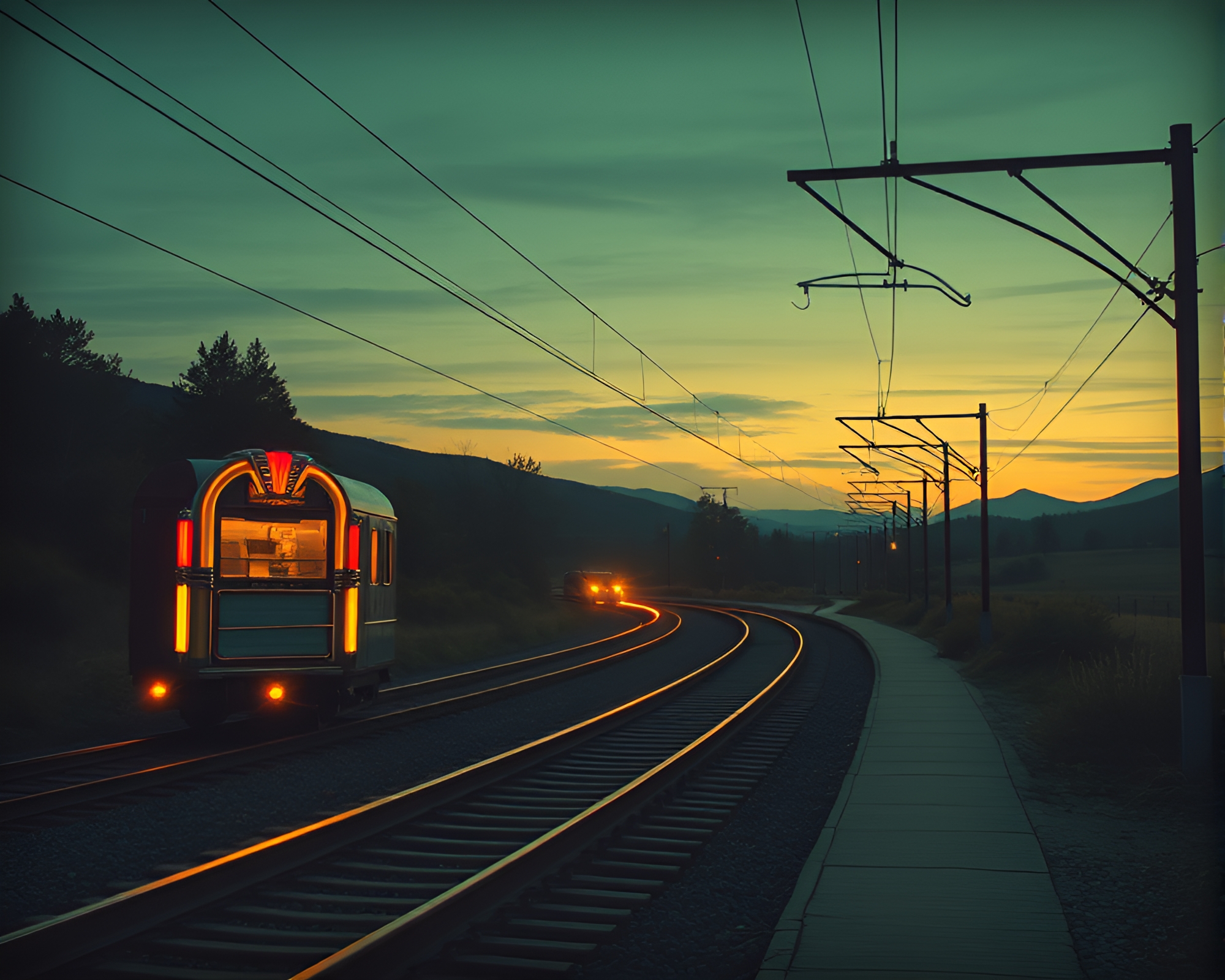 Retro Jukebox in Muted Pastels with Train Light Trails – free AI stock image