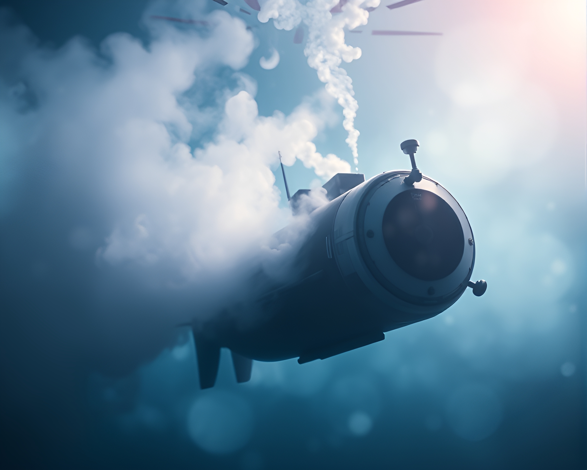 Submarine exploring ethereal smoke ring cosmos underwater – free AI stock image