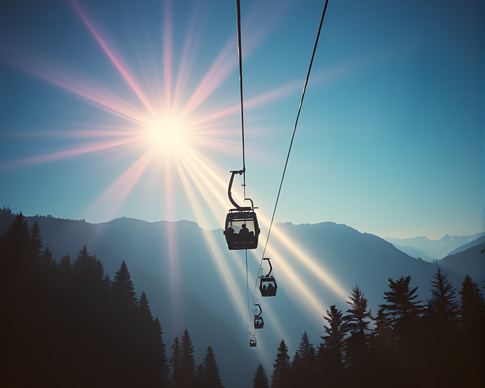 Retro Futurism Gondola Lift Amid Scan Lines and God Rays – free AI stock image