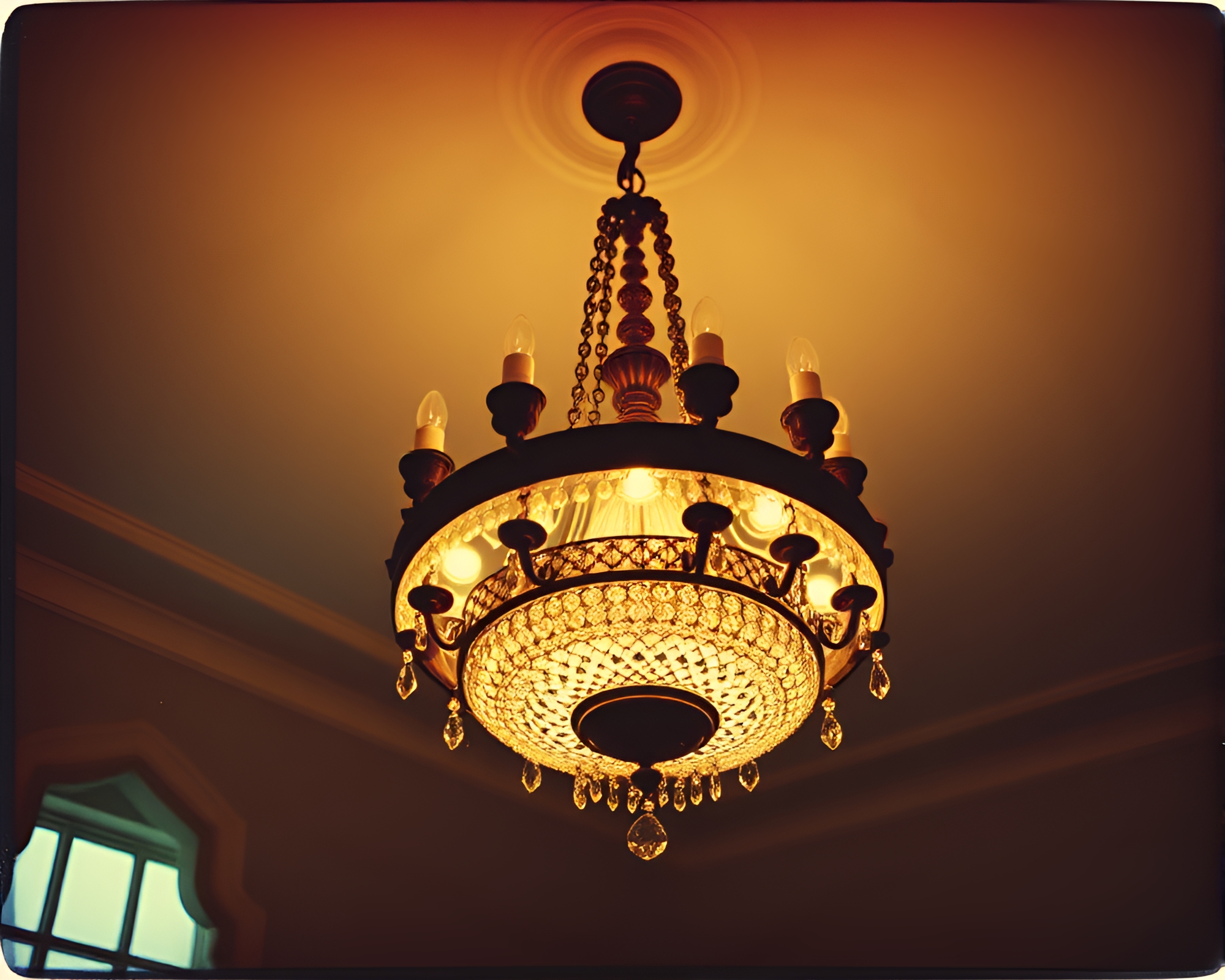 Elegant Checkered Chandelier in Vintage Polaroid Style – free AI stock image