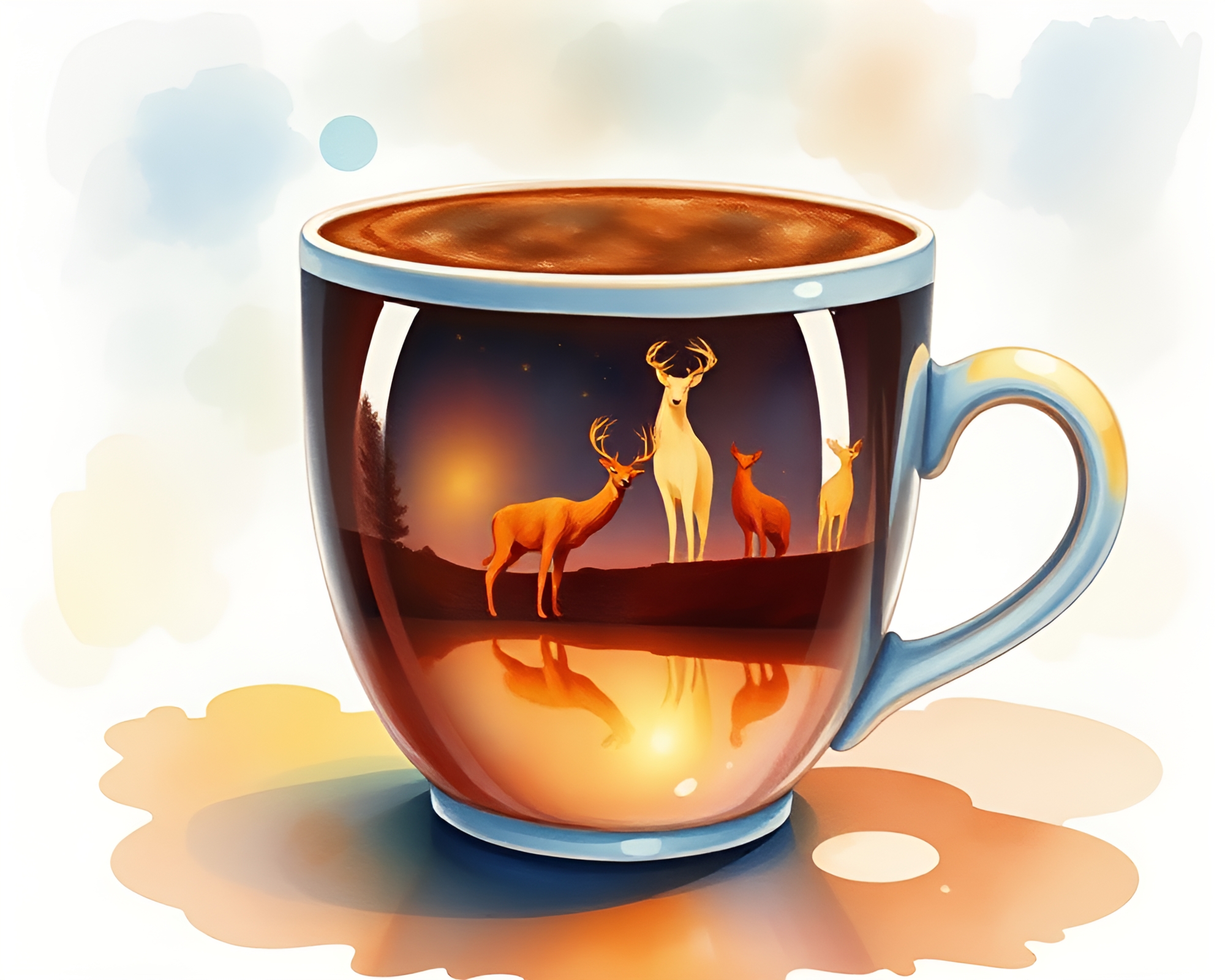 Coffee Cup Reflection in Wildlife Watercolor Spotlight – free AI stock image