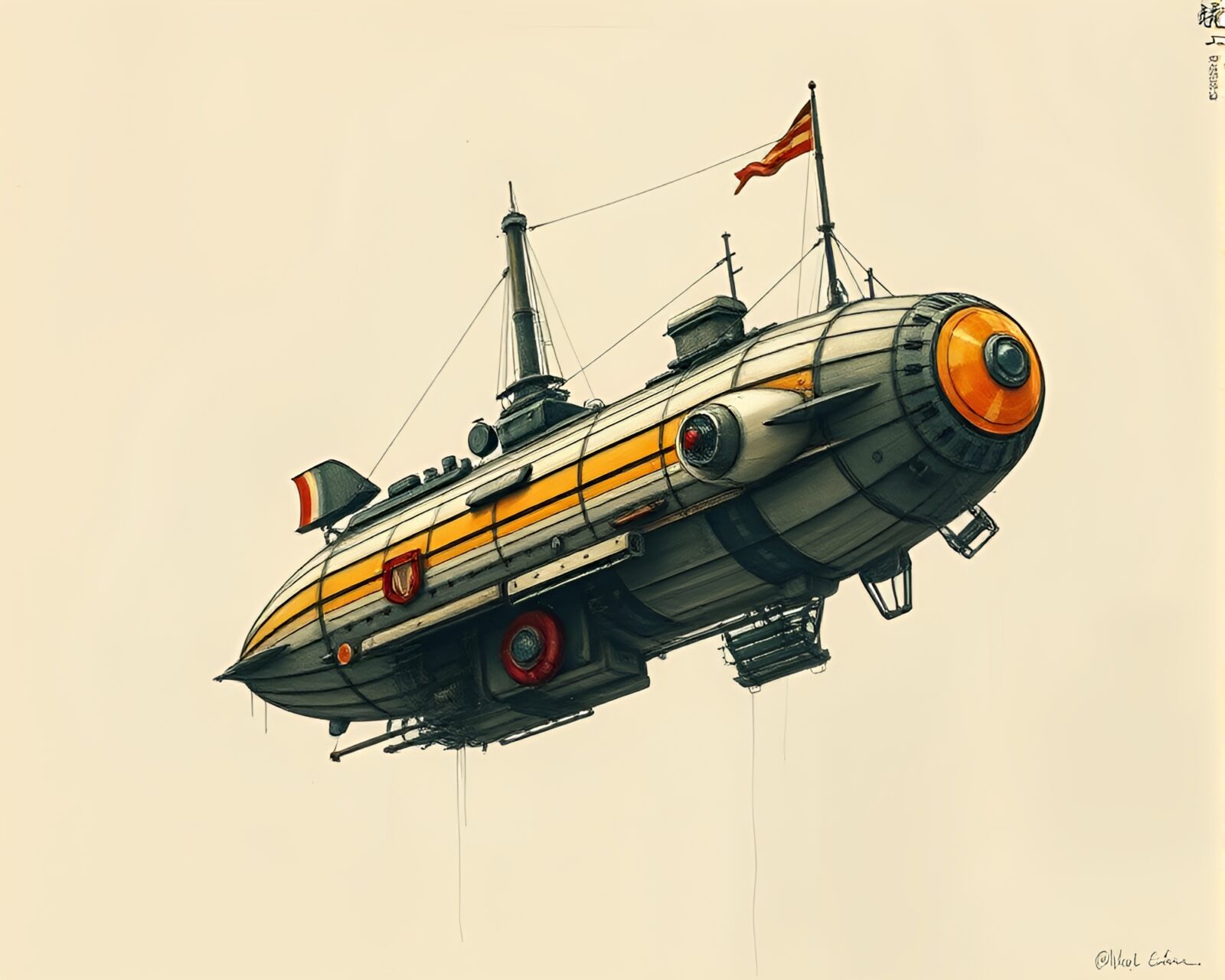 Fantastical steampunk airship with cybernetic textures in acid wash tones