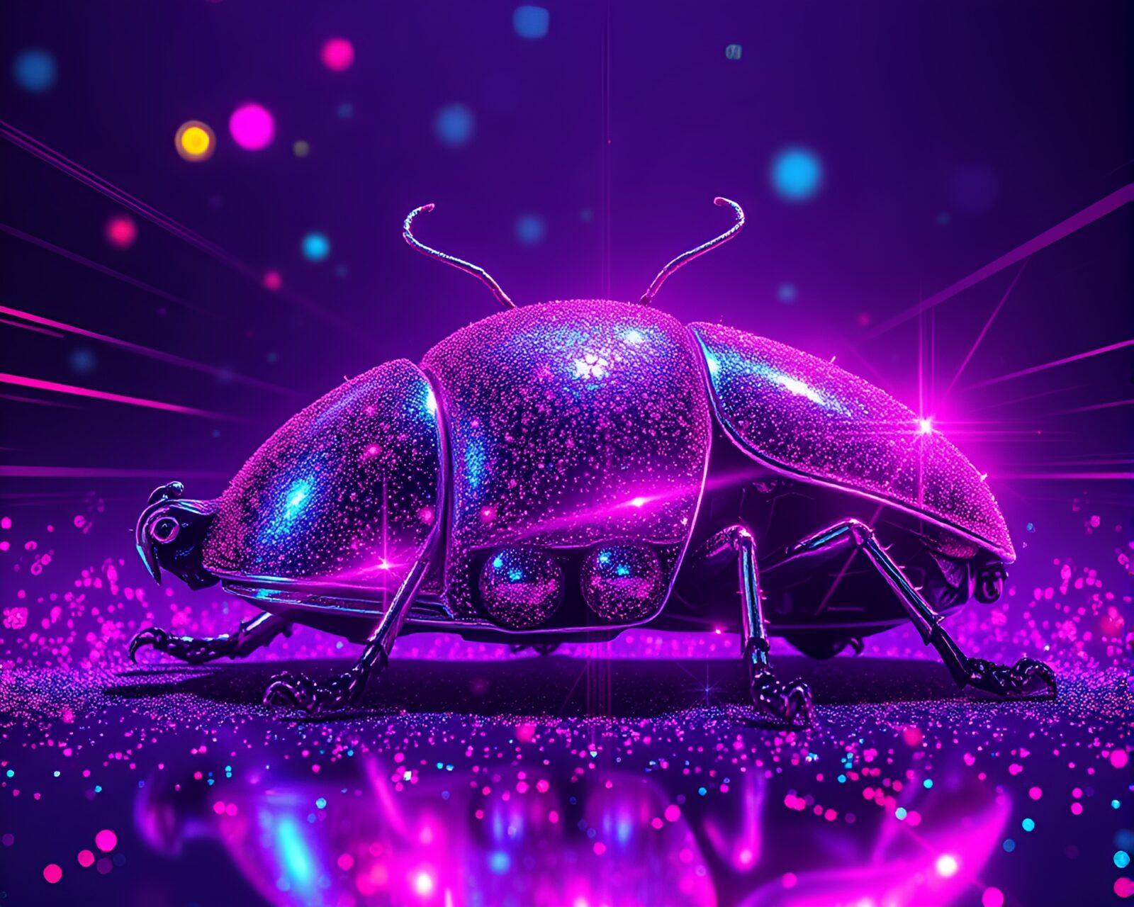 Metallic beetle covered in laser beams against night sky