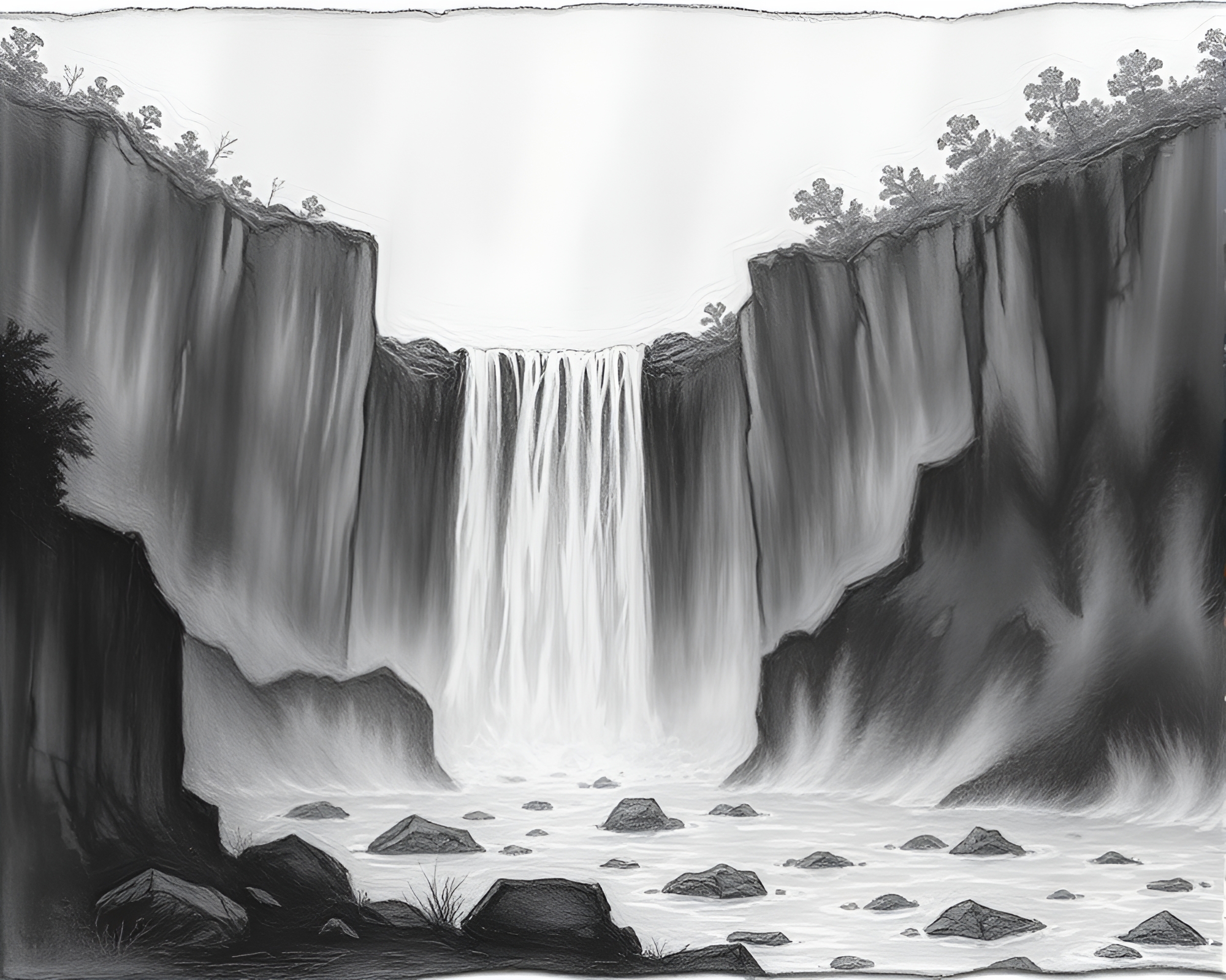 Waterfall Landscape Etching with Torn Edges – free AI stock image
