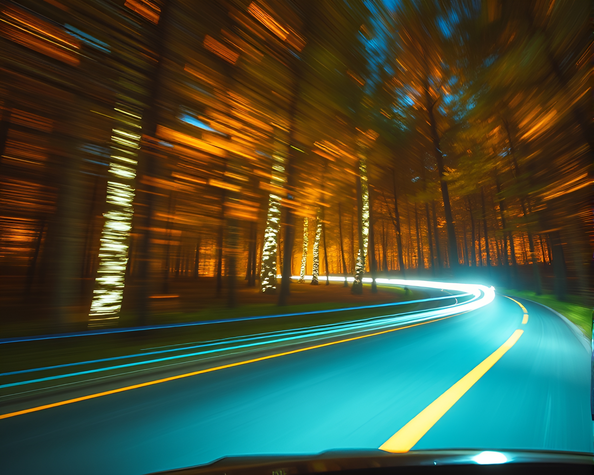 Bioluminescent Forest Car Light Trails – free AI stock image