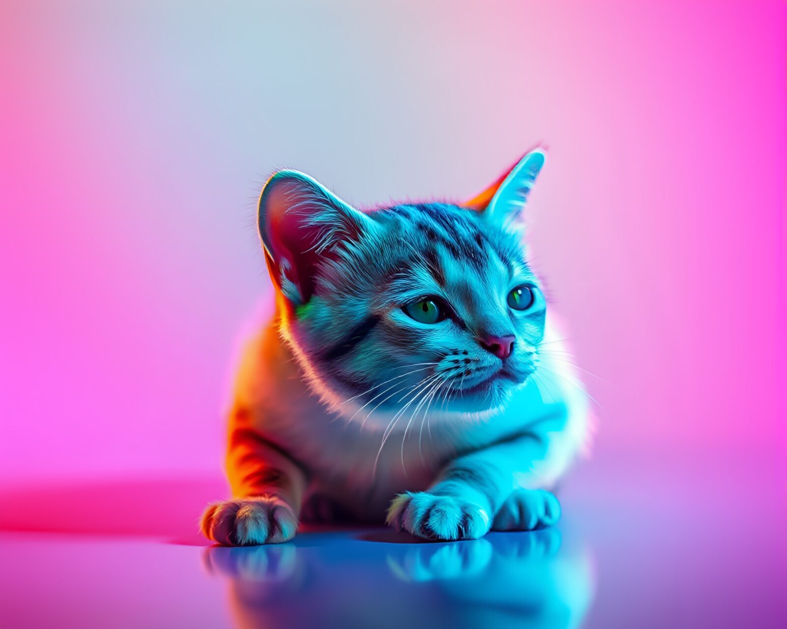 Dynamic angle image of a glowing holographic pet with retro color fade
