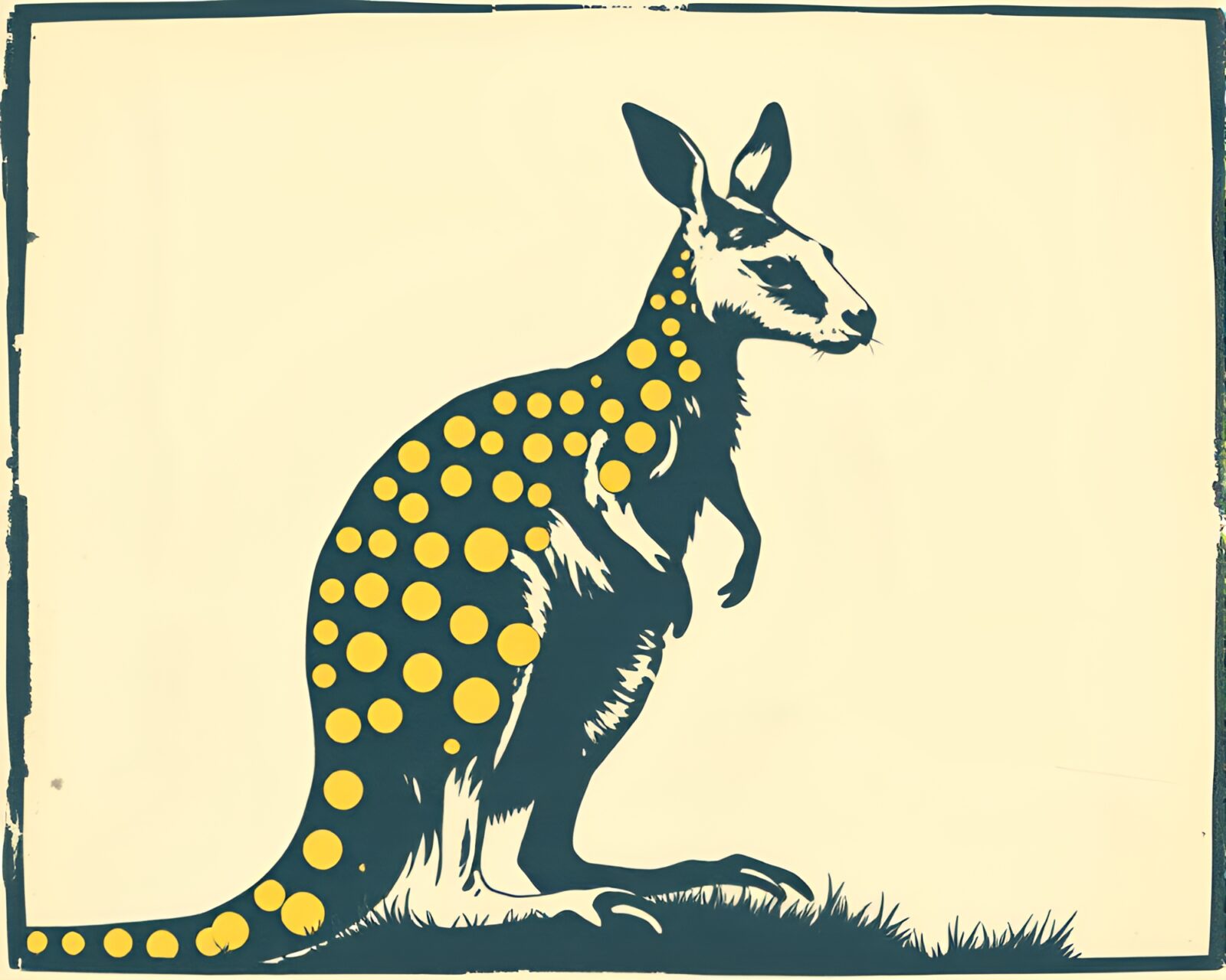 Vintage blueprint style image of a kangaroo in screenprint dots