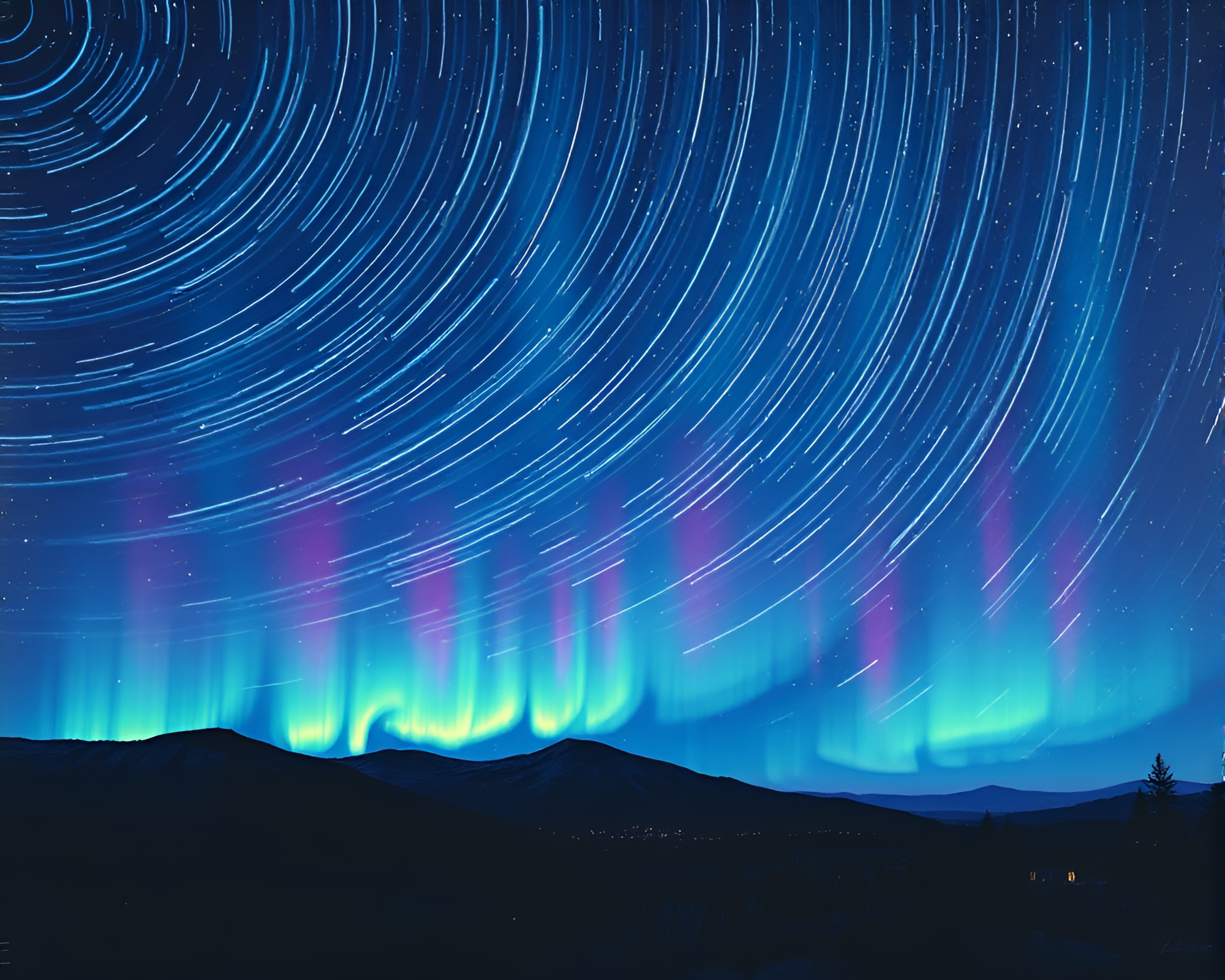 Aurora Borealis Star Trails Over Pastel Planetary Landscape – free AI stock image