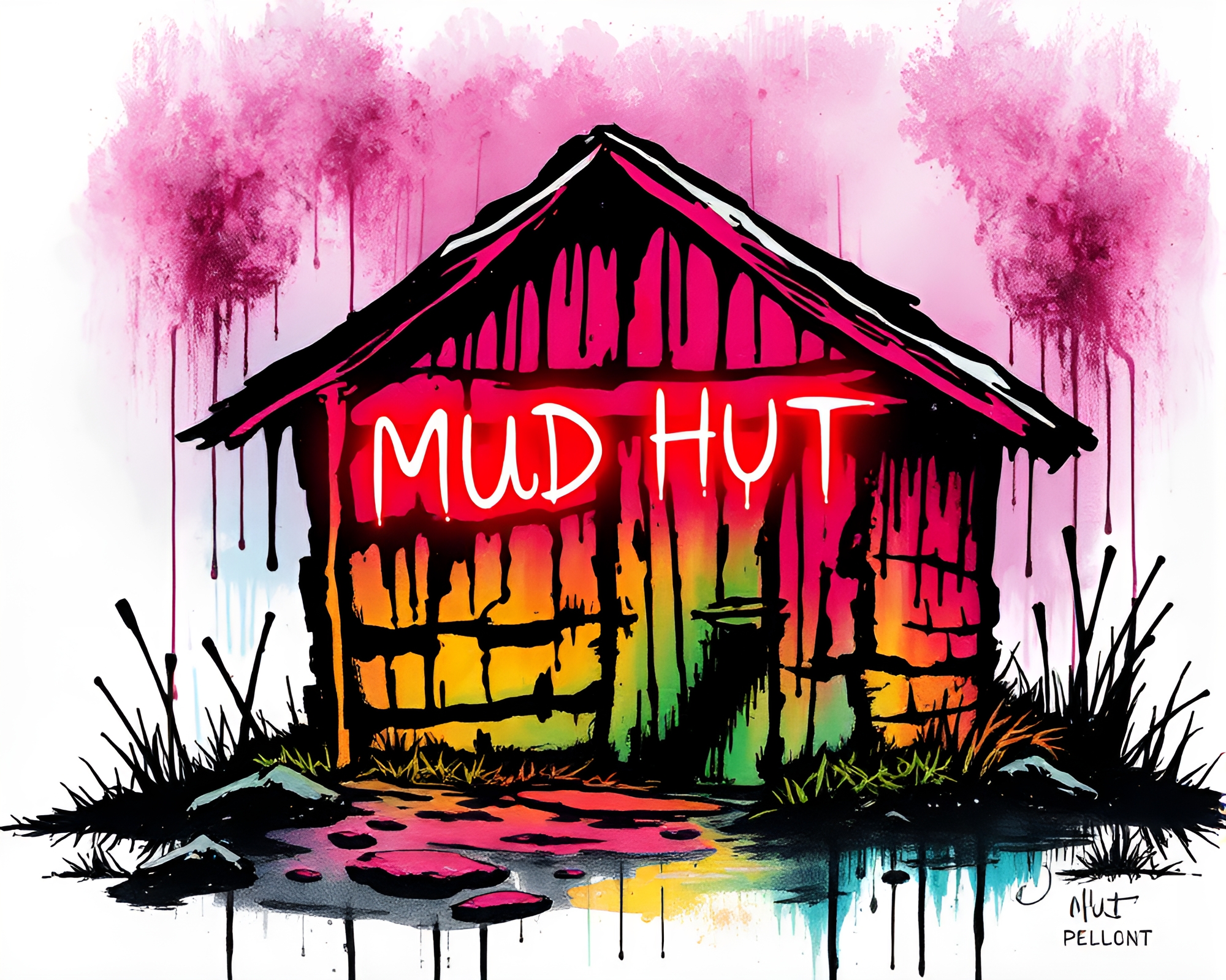 Neon Mud Hut in Stencil Art – free AI stock image