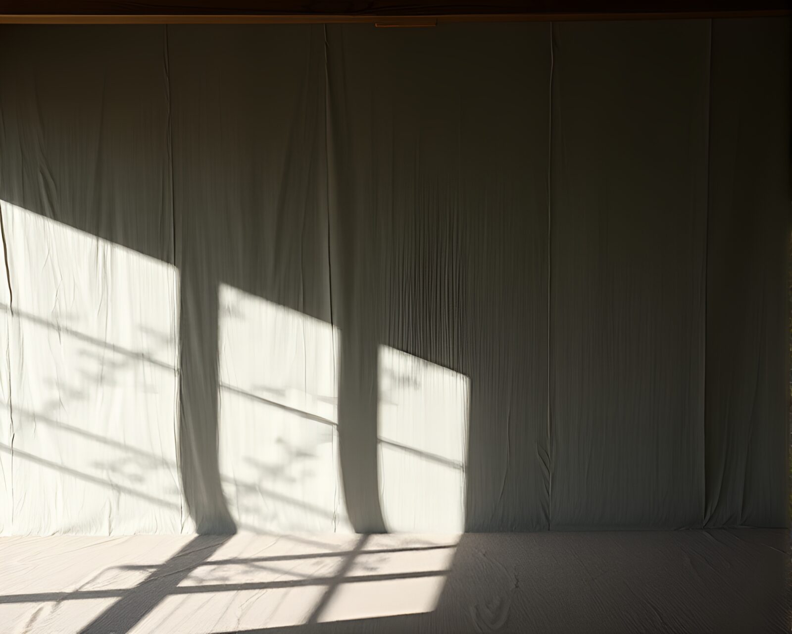 Dark attic with flowing cloth river in minimalist style
