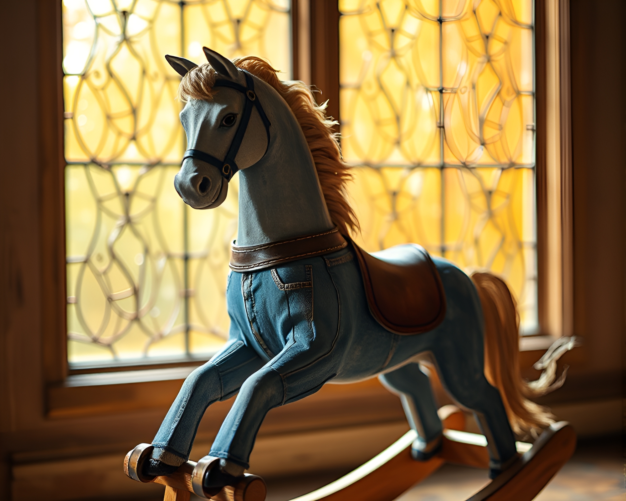 Ethereal Wooden Rocking Horse in Stained Glass Glow – free AI stock image