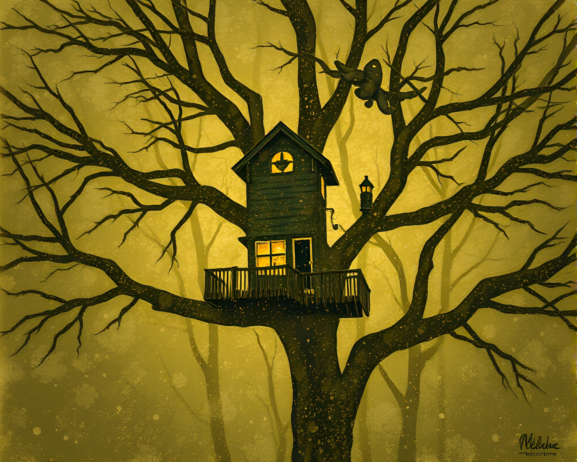 Enchanted Treehouse: Olive Drab Paradise – free AI stock image