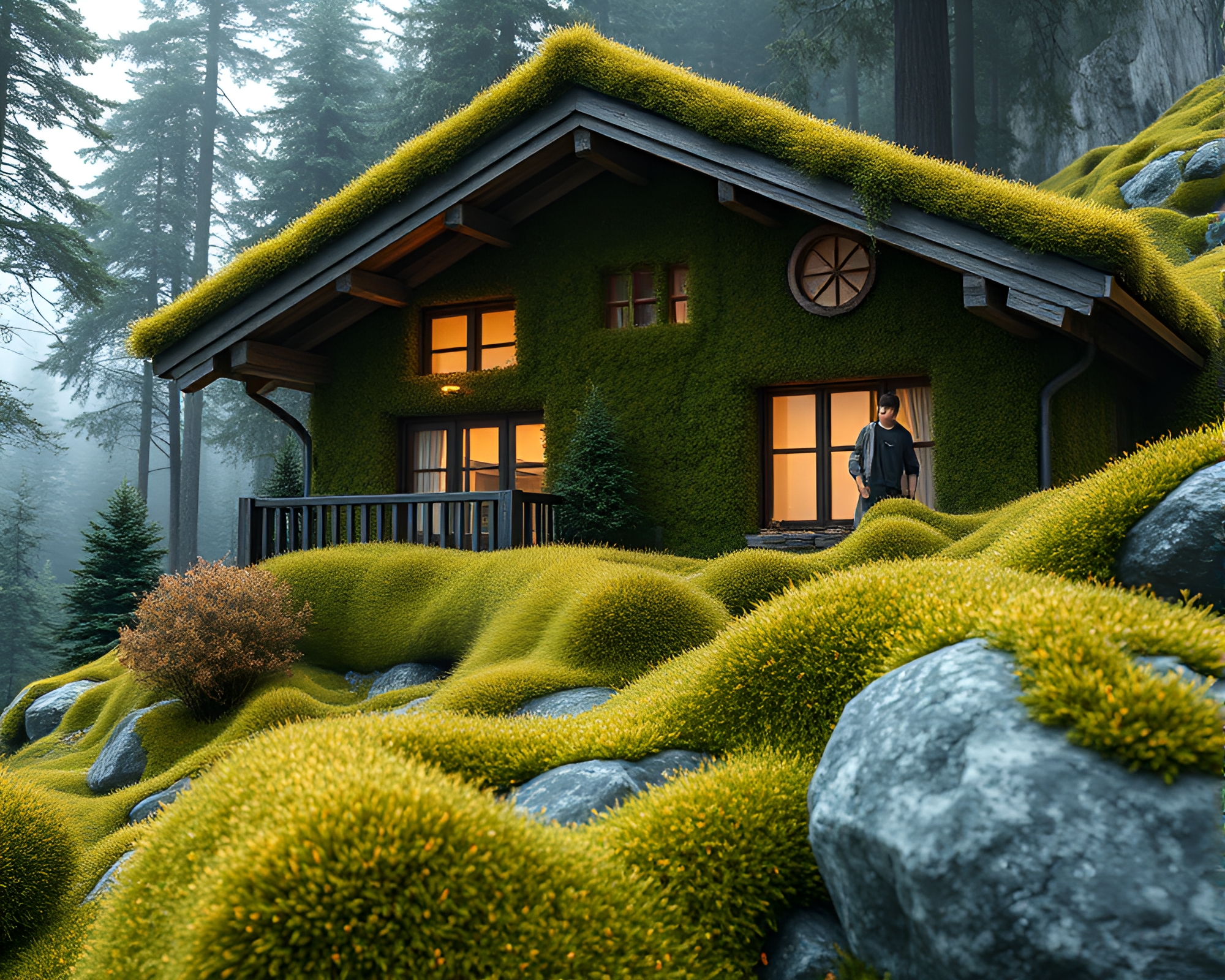 Moss-Covered Alpine Chalet in Golden Savannah Light – free AI stock image