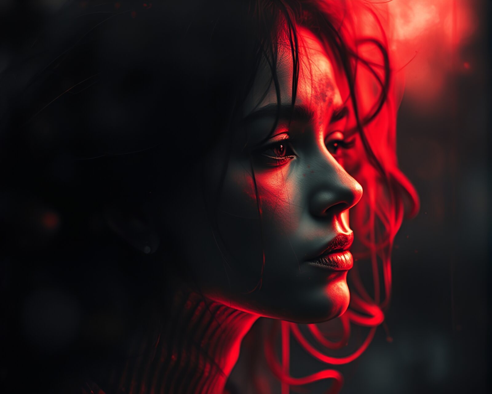 Dreamlike charcoal sketch with thermal imaging colors and selective focus