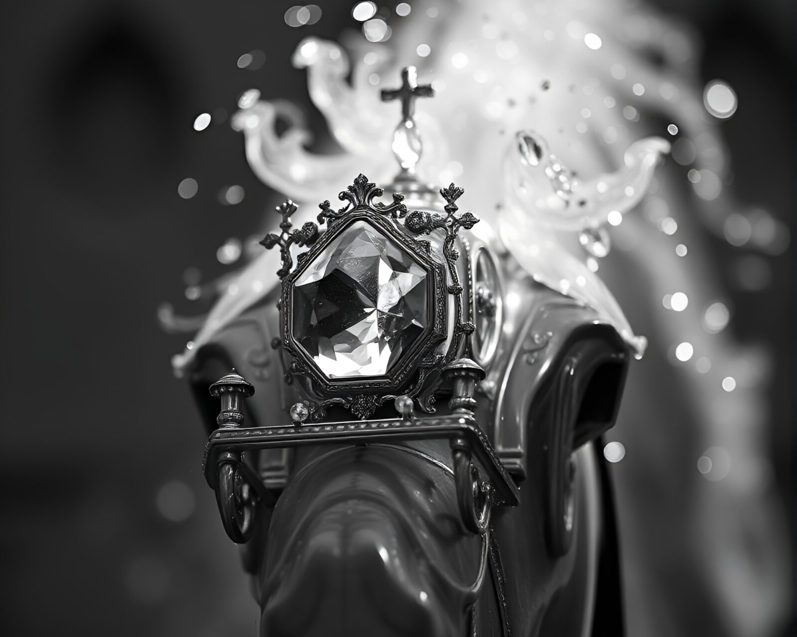 Extreme close-up monochrome chariot with topaz lighting.