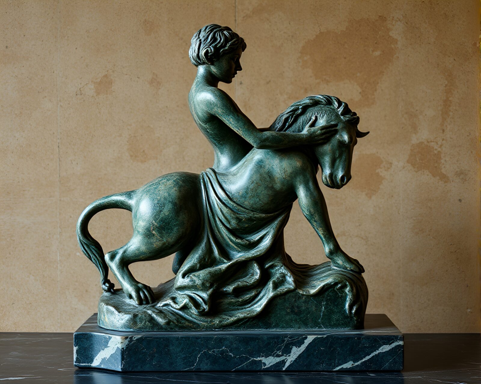 Abstract composition of marble and bronze figures in shadow